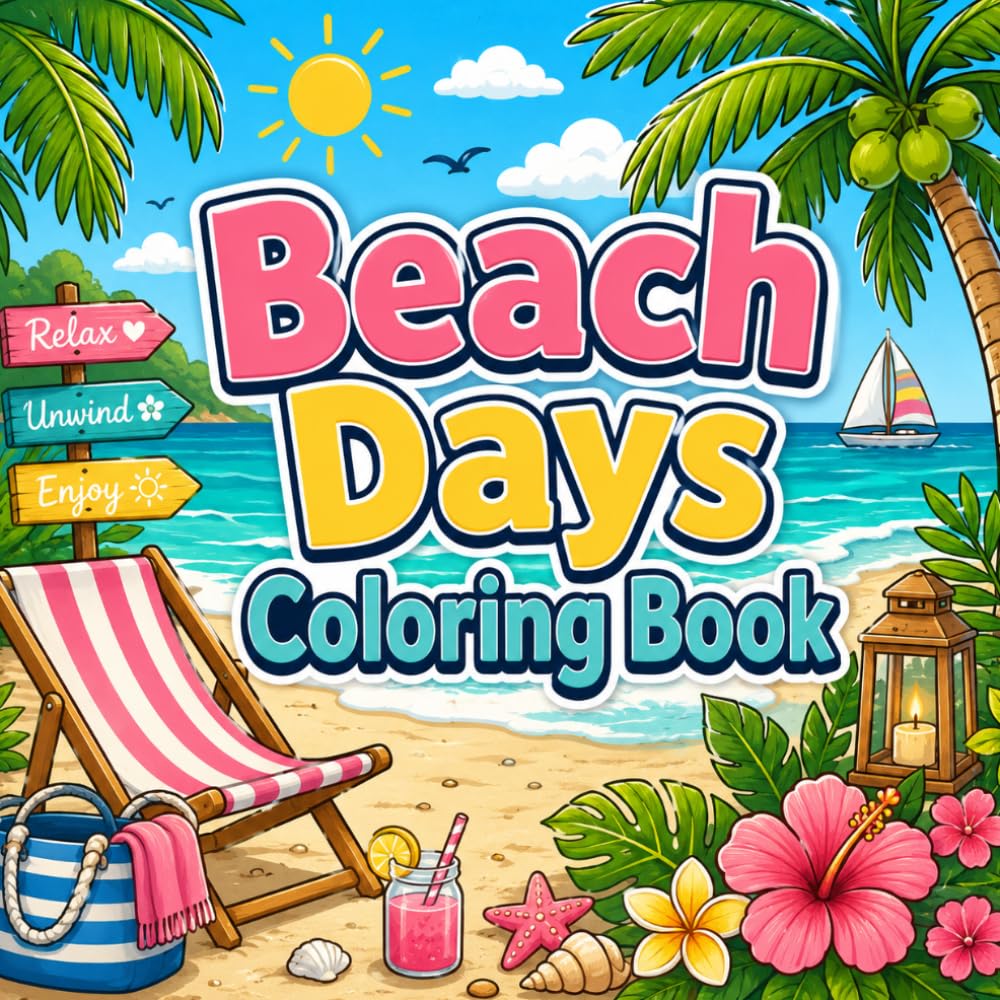 Beach Days Coloring Book: Cozy Tropical Scenes for Relaxing and Stress-Free Coloring