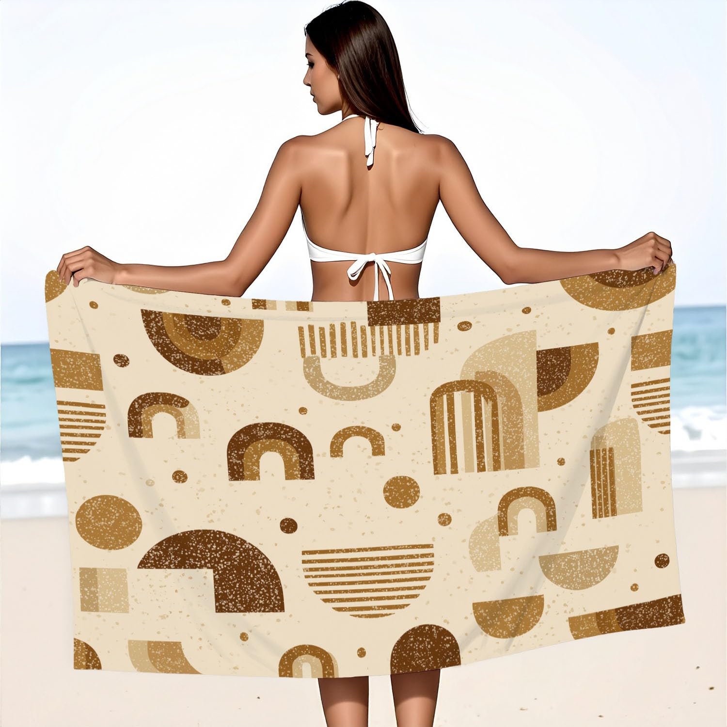 Grande Serviette de Plage 180 x 100 CM,Drap de Plage Microfibre,Couverture de Plage Absorbante Rapide pour Nordique, Wabi-Sabi, Géométrique, Chaleureux Arches, Rayures, Géométrie, Apaisant