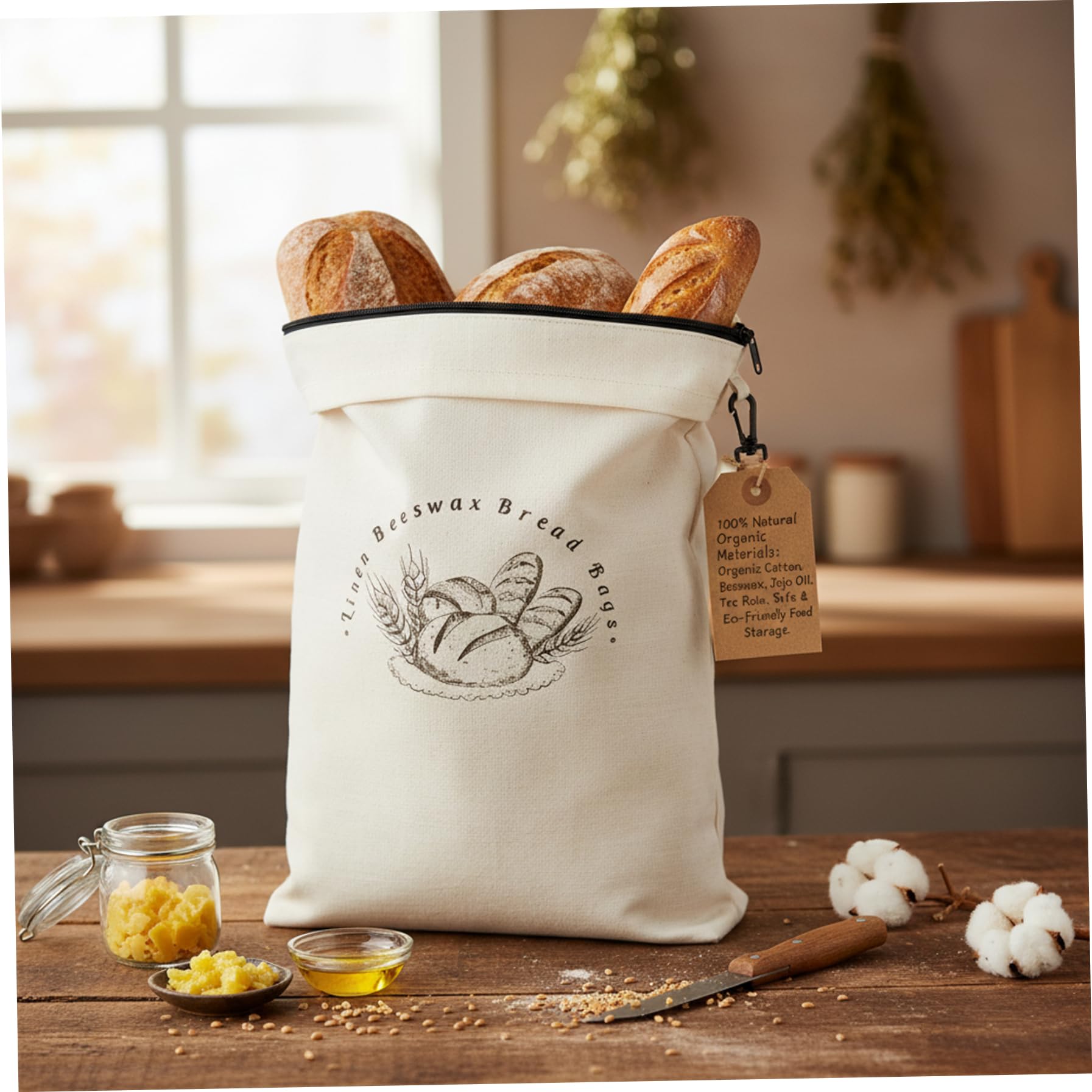Bolsas de pan de cera de abejas, paquete de 2, bolsa de pan de masa madre reutilizable con cremallera y correa, revestimiento de cera de abejas natural sobre algodón orgánico para mantener fresco, 17