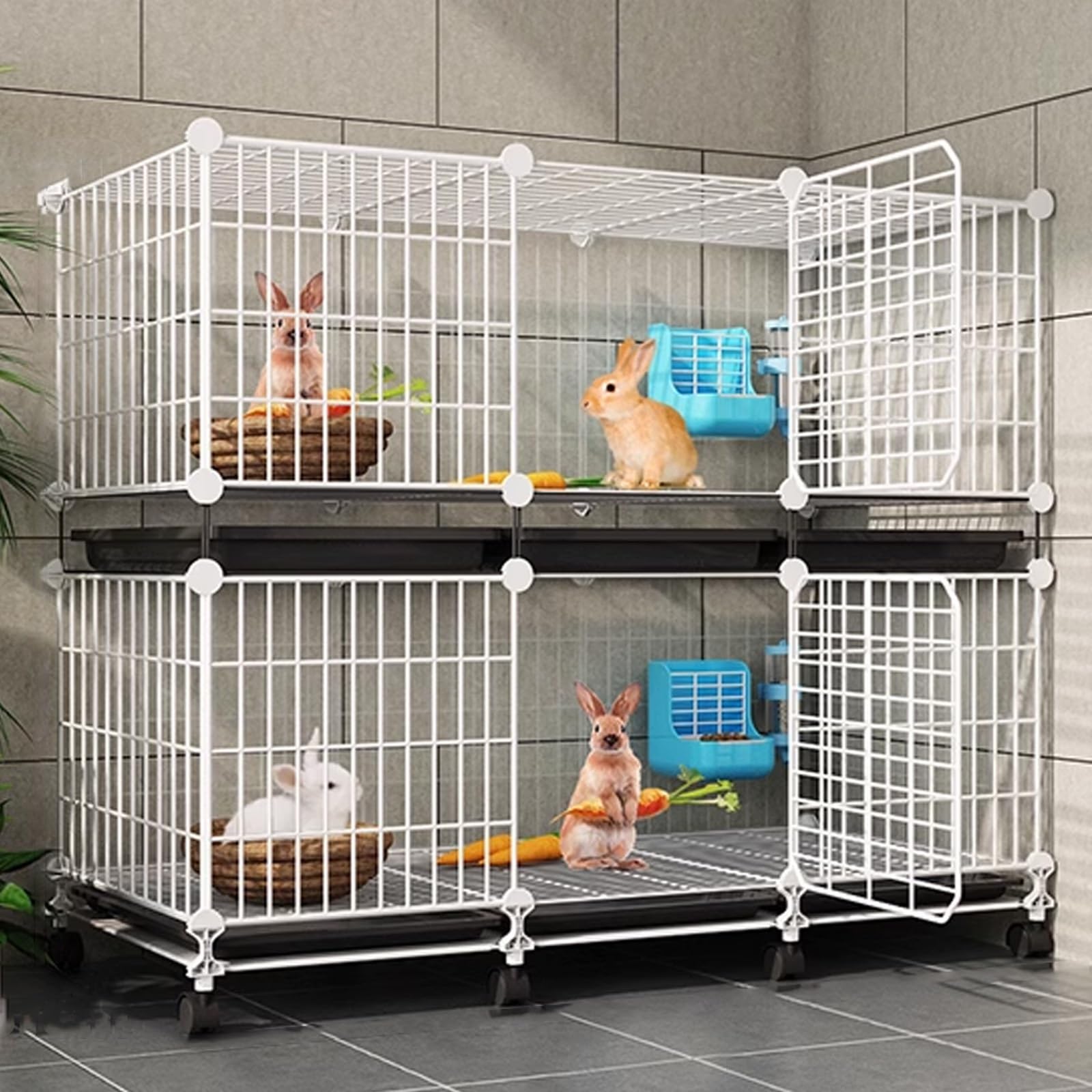Jaula Conejo Grande Interior con Ruedas, Espacio Independiente de Varios Niveles, Estructura Metálica, con Bandeja, para Animalitos(White,107 * 37 * 90cm)