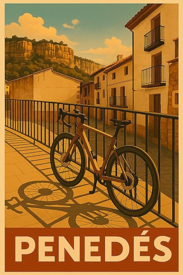 Póster de bicicleta en pueblo catalán para decorar tu salón con rutas del Penedès