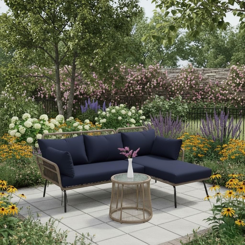 LOCCUS 3 Piece Outdoor Comfortable L-Shaped Sectional Rope Conversation Lounge Sofa Set with Glass Top Table for Balcony, Patio, Garden, Pool (Grey & Navy-Blue)-image-15