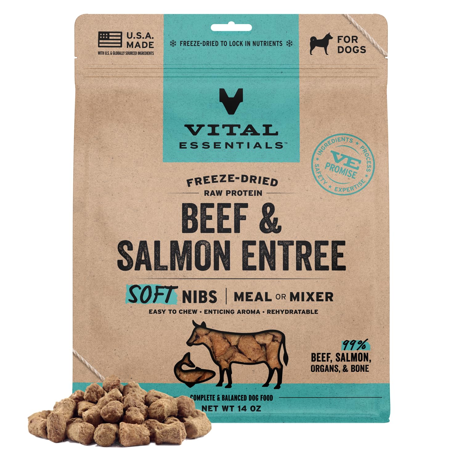 Vital Essentials Freeze Dried Dog Food, Beef &amp; Salmon Nibs, 14 oz Bag