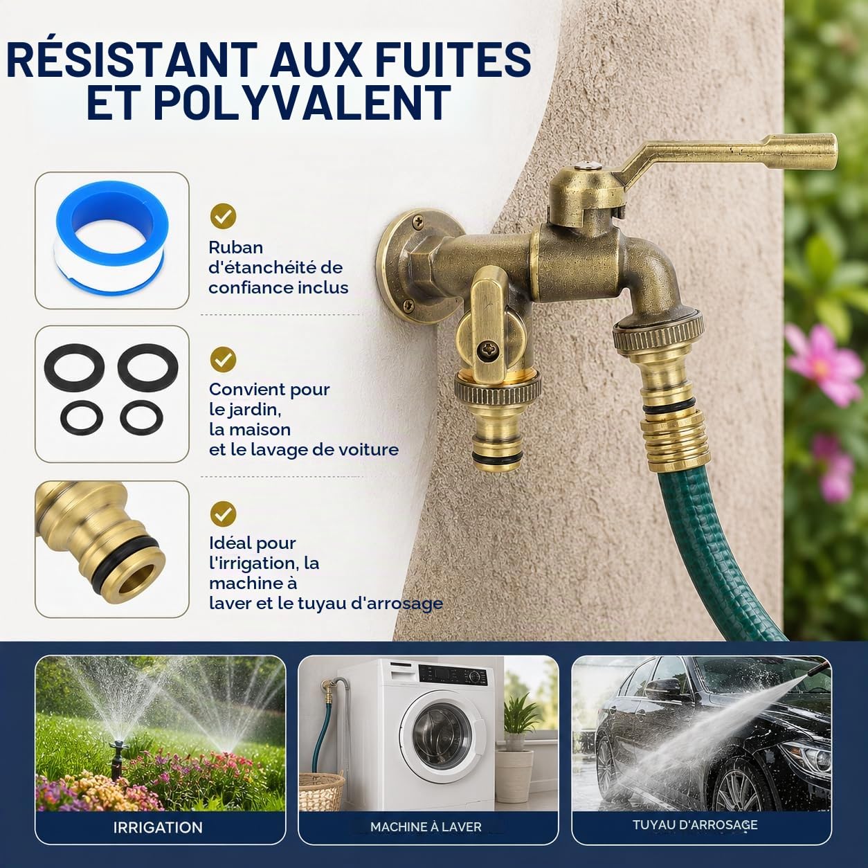 Robinet d'eau en Laiton Double Exterieur Jardin, 3/4 Pouces Robinet Double Sortie Extérieur Anti-gel, Robinet D'eau en Laiton Antique avec 2 Prises de 25 Mm Pour Jardin, Machine à Laver, Terrasse