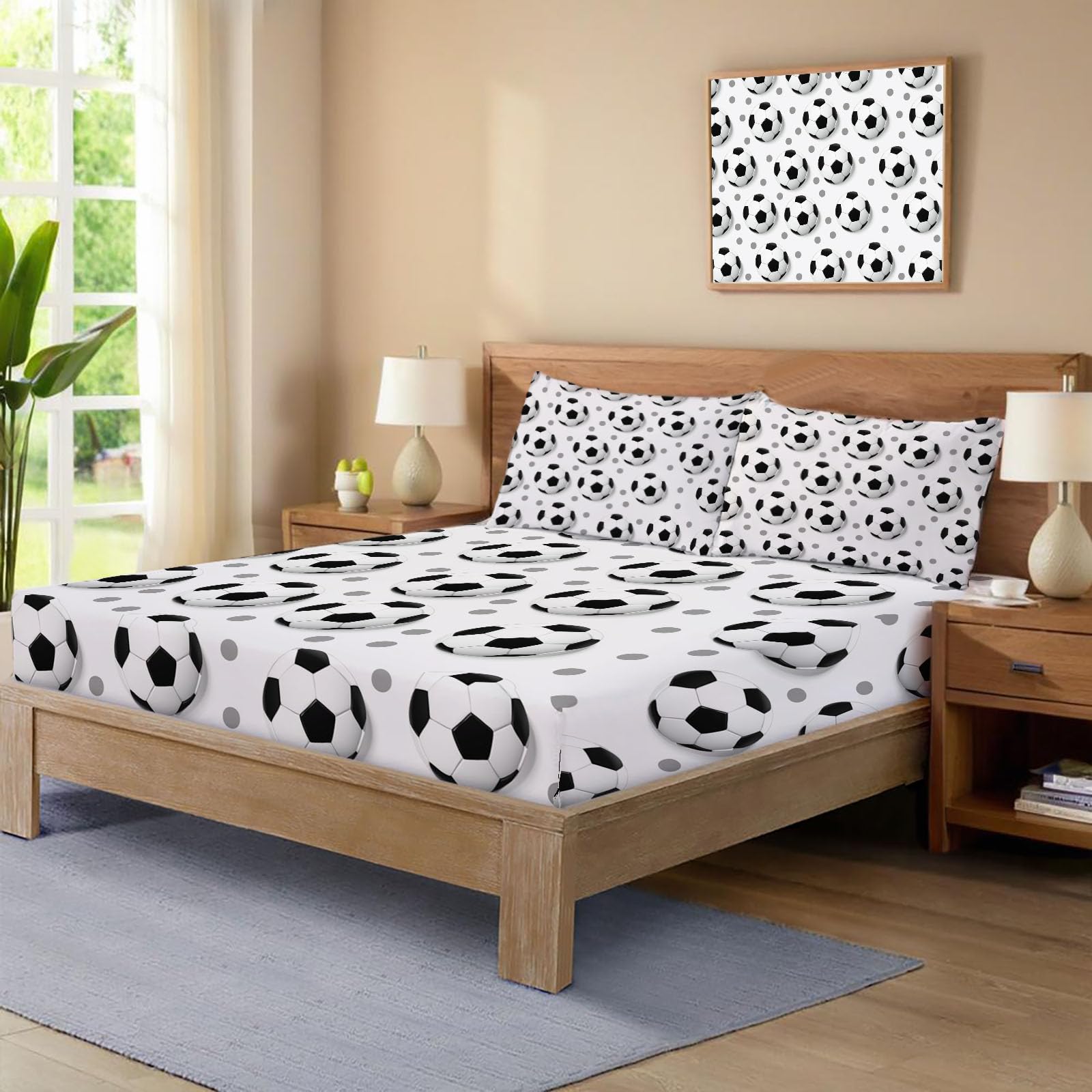 Sábanas 200X190/200Cm - Juego De Sábanas 3 Piezas Estampadas Fútbol De Lunares 3D - Microfibra Suave Transpirable - Sábana Bajera Ajustable - Ropa De Cama Deportes Divertidos (Blanco Y Negro)