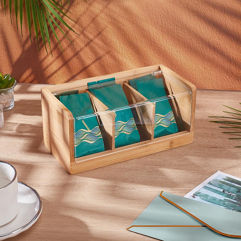 OLYCRAFT Organizzatore per Bustine di Tè 3 scomparto Scatola Portaoggetti In Bambù con Coperchio Trasparente In Acrilico Organizzatori per Tè Bustine di Caffè Zucchero Piano Lavoro Della Cucina