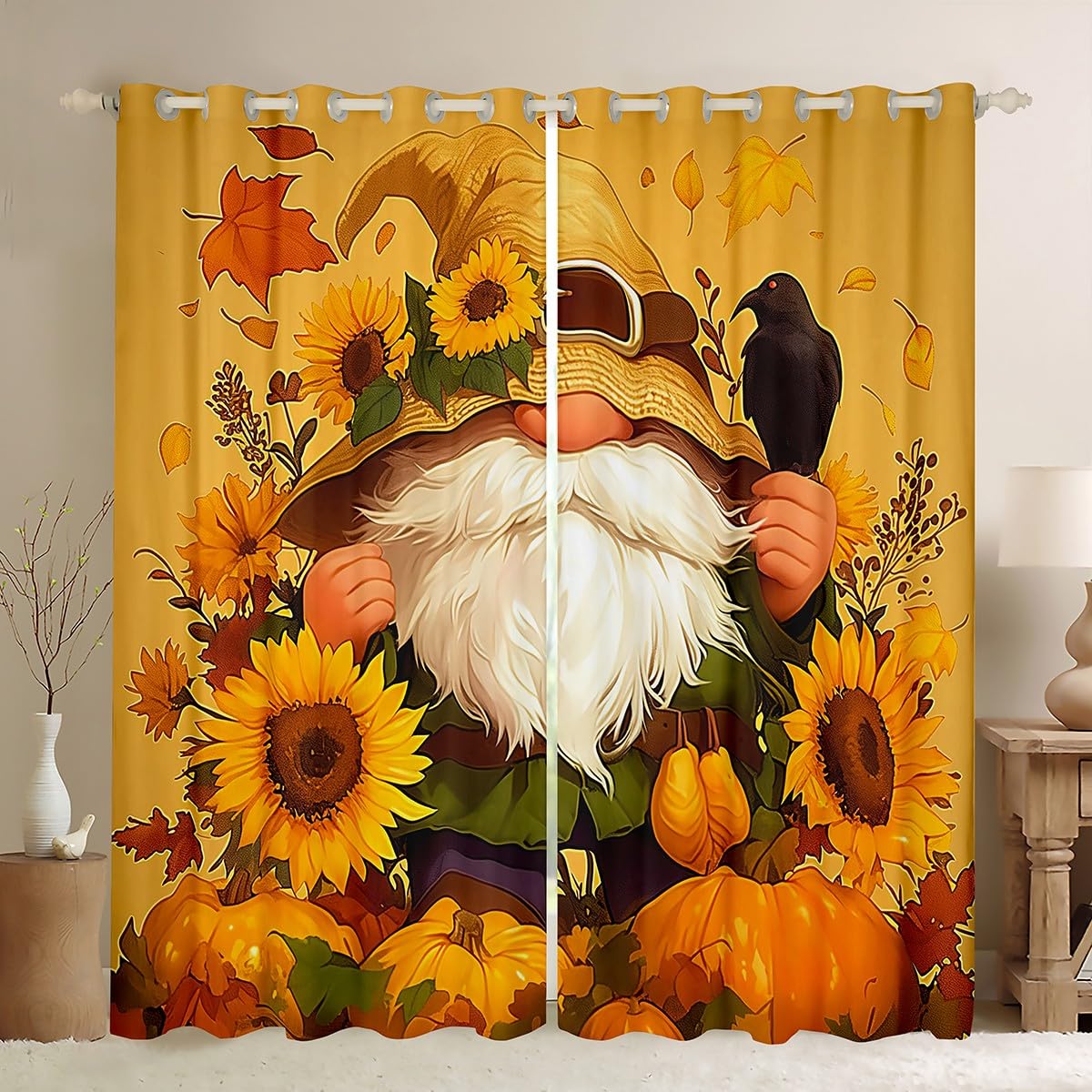 Castle Fairy Happy Fall Window Curtains,Cartoon Pumpkin Curtain,Sunflowers Window Drapes for Kids Teens Boys Young Man,Modern Bedroom Decorative,Yellow Leaves Curtain,52Wx84L