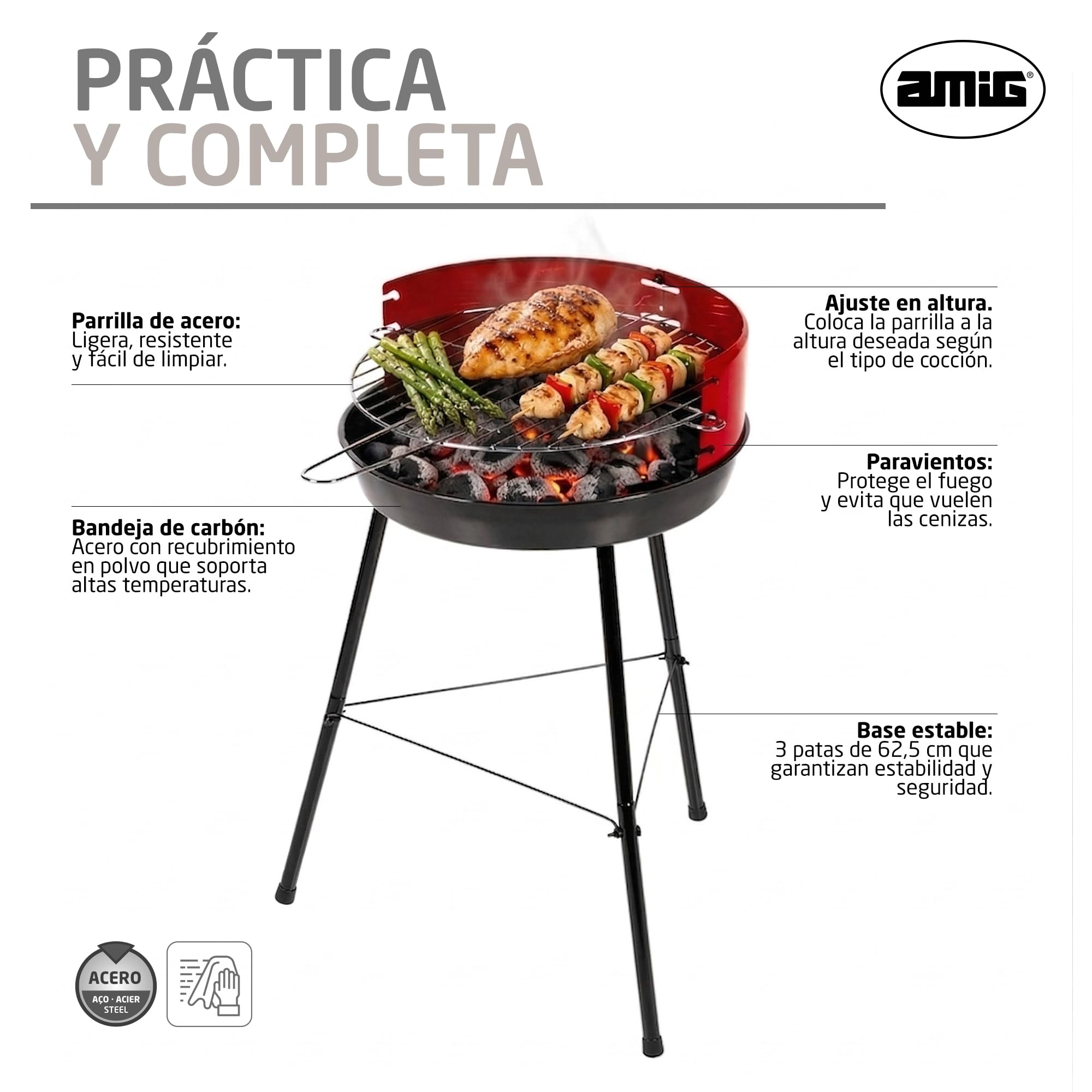 Amig - Barbacoa de carbón - 57 x 54 x 84 cm - Negro - Fabricado en Acero - Jardín y patio - para terraza y balcón con tamaño ajustado a espacios pequeños uso práctico y mantenimiento fácil. Mod. FENIX