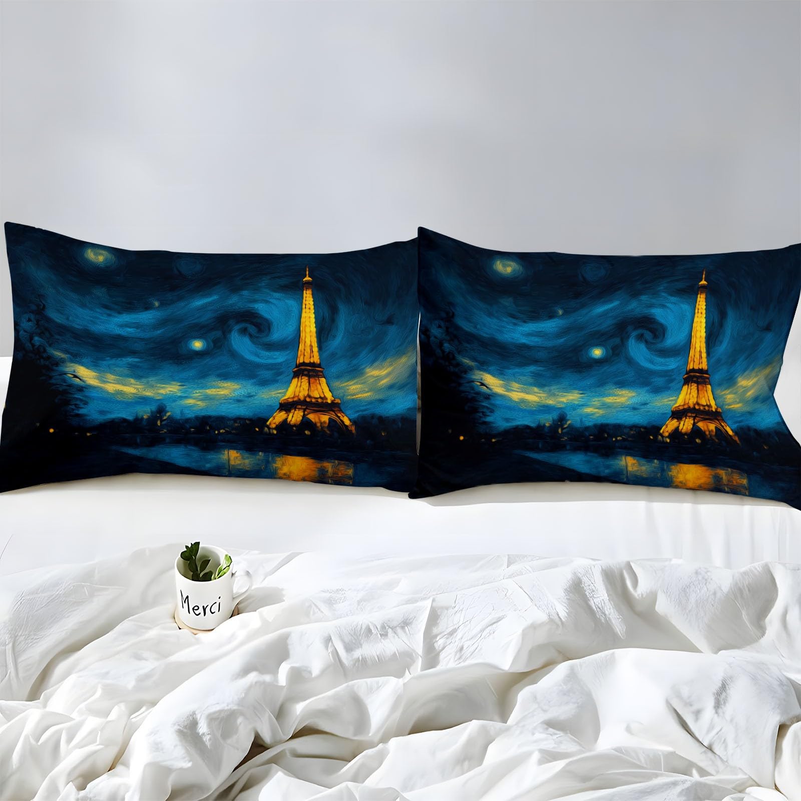 Film Notte Stellata Torre Eiffel Lenzuola con Angoli Lussuose, Blu scuro Lenzuolo con Angoli per Bambino e Adulto, 180 x 200 cm Profondità 30 cm, Lenzuola Resistenti allo Sbiadimento