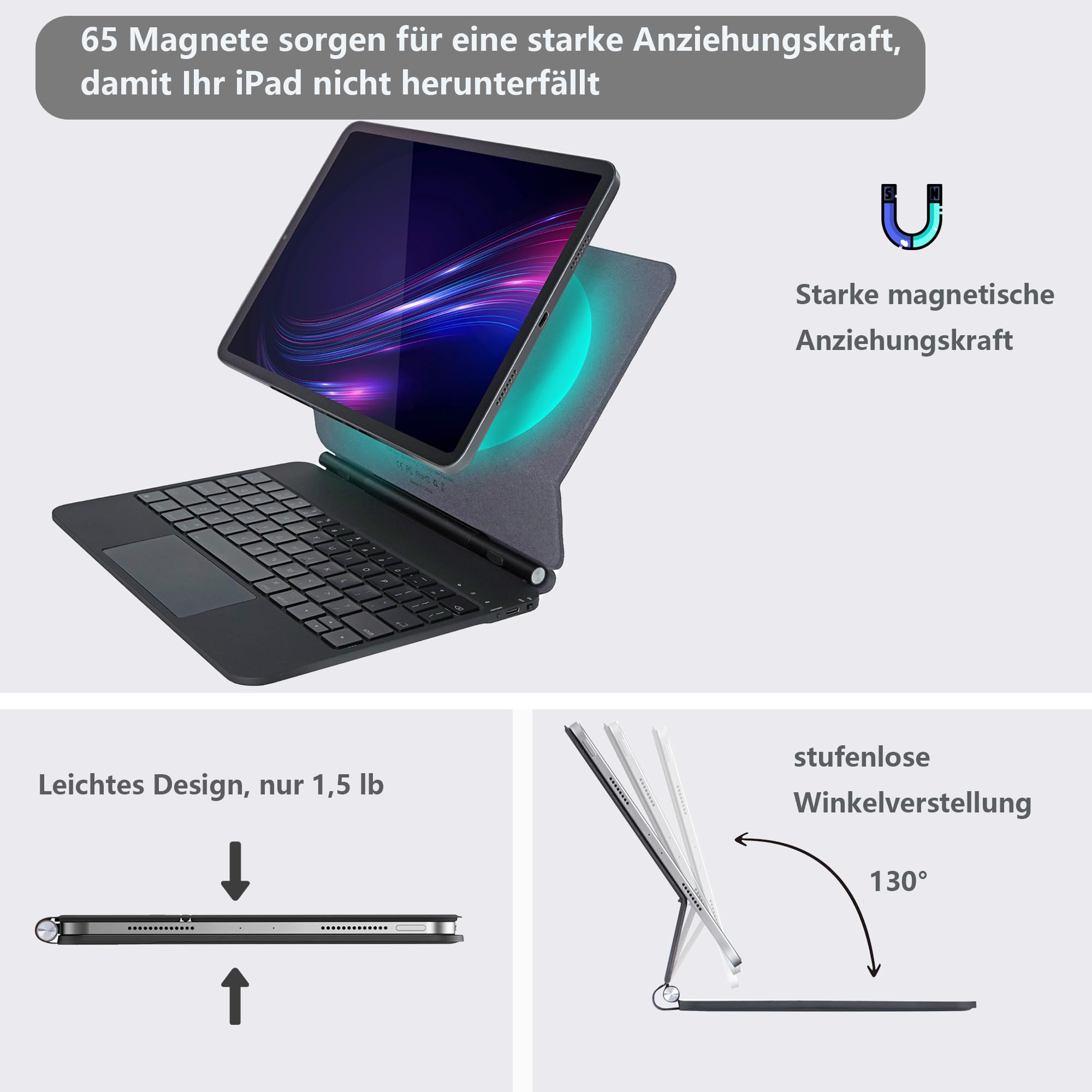 Magic Keyboard für iPad Pro 12,9-Zoll (3., 4., 5. und 6. Gen), Tastatur für iPad Air 13'' (M2 2024/M3 2025/M4 2026), Magnetischer Ständer, Präzisions-Trackpad,Reihe mit Funktionstasten, QWERTZ Deutsch