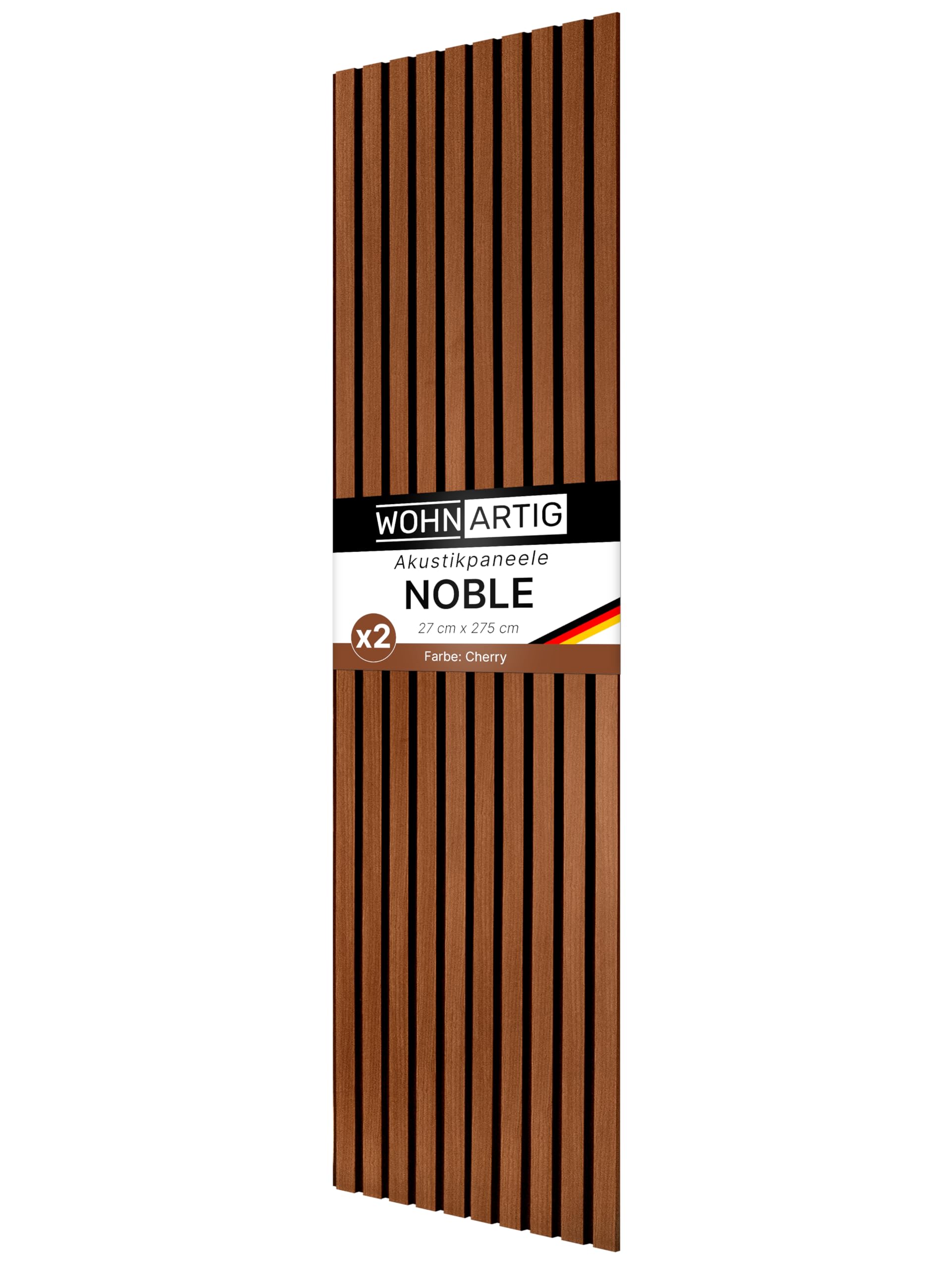 wohnartig® Akustikpaneele NOBLE 1,485m² - 275cm x 54cm* Set - (Set = 2 Stück 275cm x 27cm) | Farbe: Cherry auf schwarzem Filz | Wandverkleidung | Akustikpaneel | Wandpaneele auf Filz | Akustikfilz