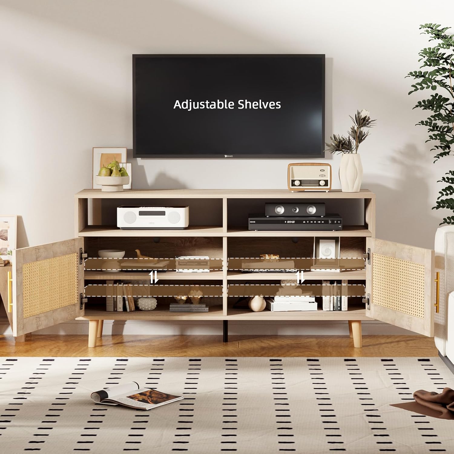 VOWNER Rattan TV Stand with cabinet doors open, showing adjustable shelves