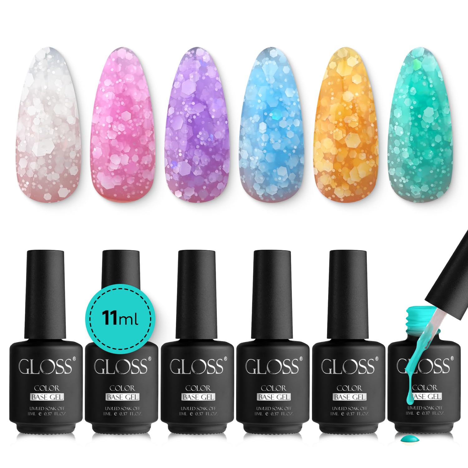 GLOSS Jelly Gel Nail Polish | Set of Spring Colors, 6 Pcs Color Base with White Sparkle, Pink Glitter, Purple Glitter, Yellow, Baby Blue & Mint Green Colors, UV LED Gel Polish, Gifts for Women