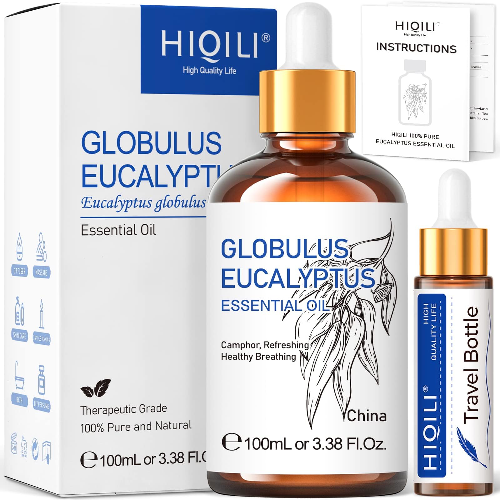 HIQILI Eucalyptus Essential Oil (100ML), 100% Pure Natural for Diffuser, Humidifier, Aromatherapy, Skin Care - 3.38 Fl Oz