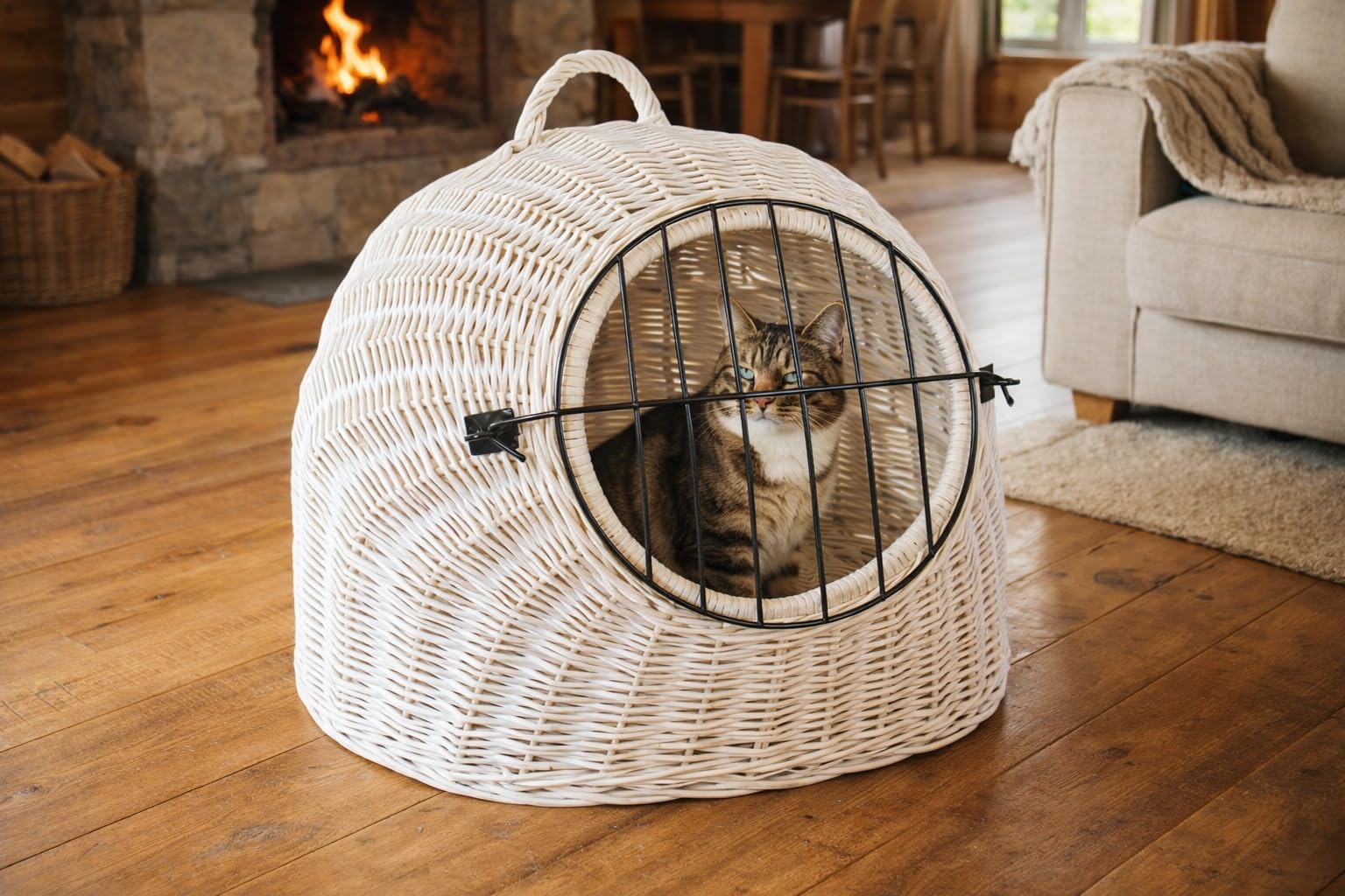 Weidenkorb Korbhöhle mit Gitter und Tragegriff – Abmessungen 50x40x45 cm – Transporthöhle – Weiße Farbe – Hersteller – Transporter ohne Kissen