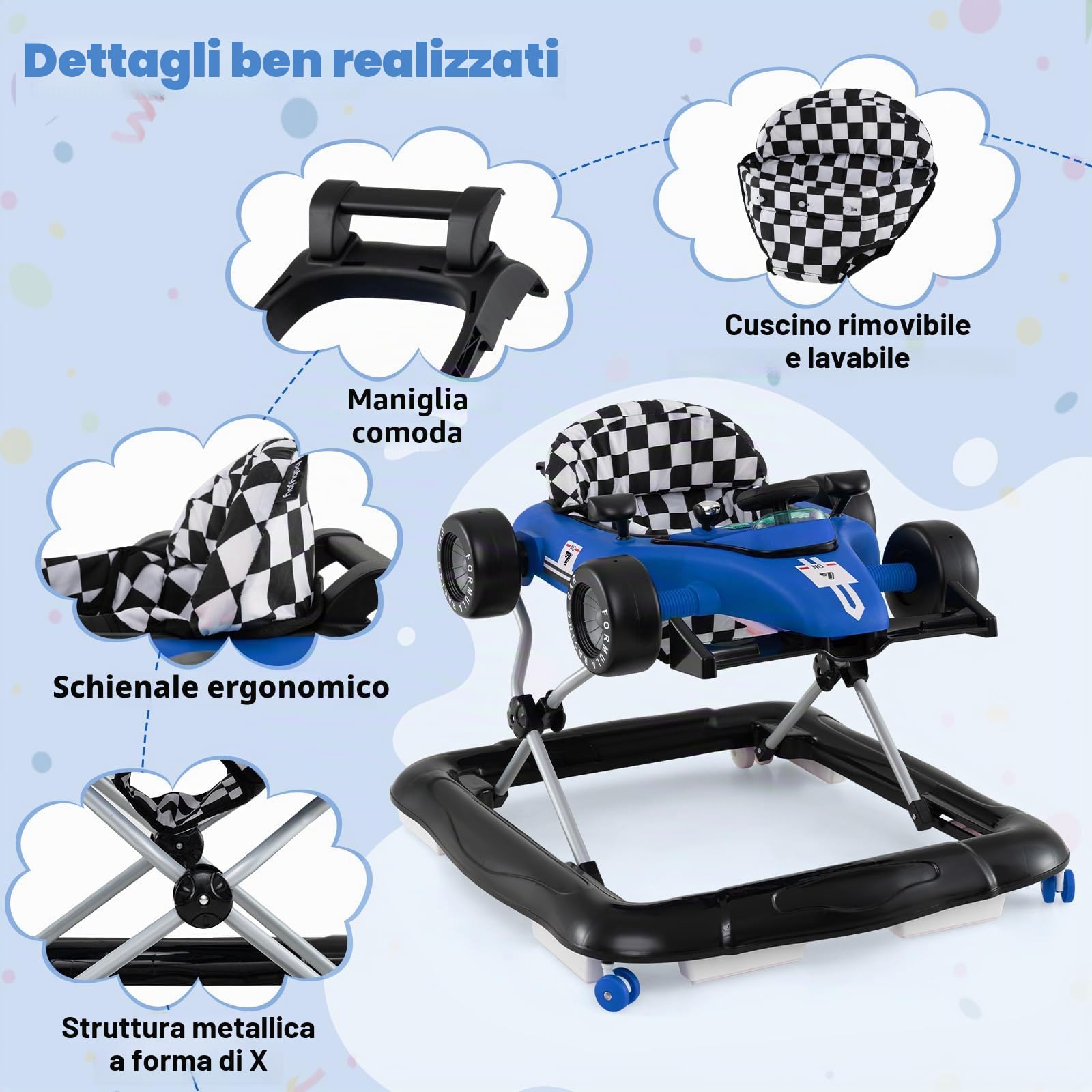 LIFEZEAL 4 in 1 Girello per Bambini, Neonati 6-18 Mesi, Altezza Regolabile, Antiurto, Trasformabile, Pieghevole, con Musica, Primi Passi, Baby Walker, Carrellino, Imparare a Camminare, Max12kg, Blu