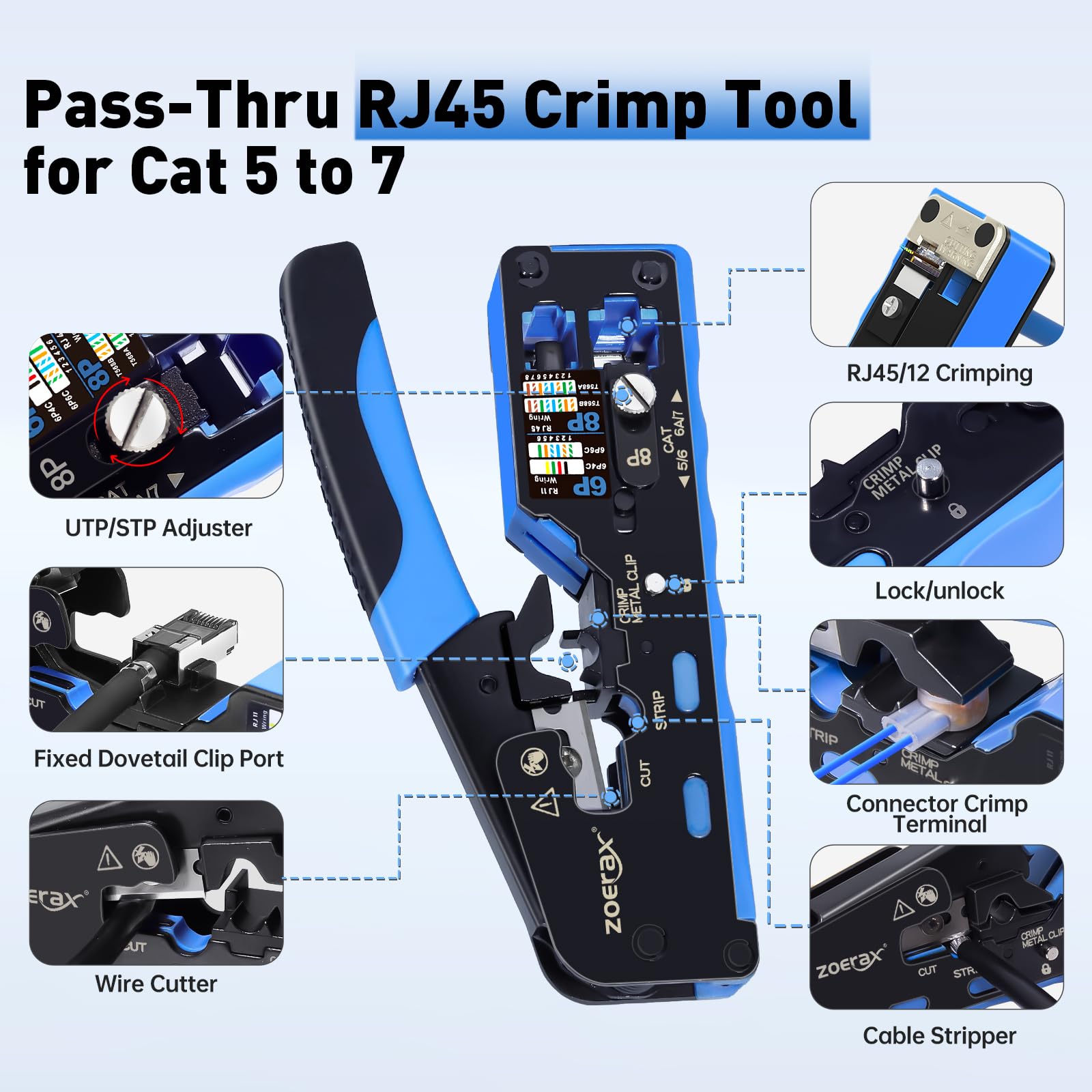 Kit di strumenti di rete professionale, 14 in 1, strumento di crimpatura RJ45, connettori e connettori passa-passacavi, tester per cavi, spellafili, strumento di perforazione Ethernet