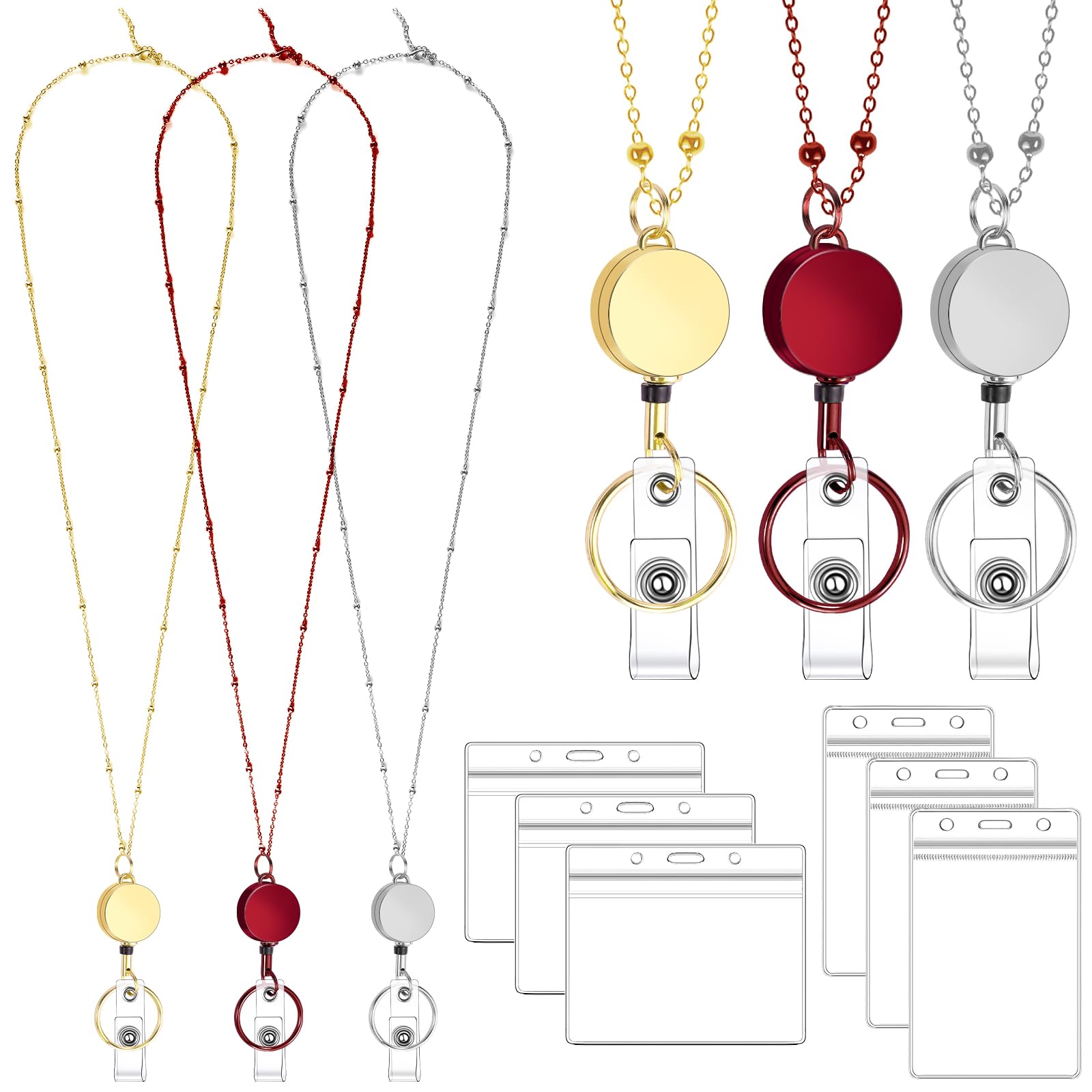 Lanyards for Id Badges 3 Pack Badge Lanyard with 6 Pcs Id Badge Holder Retractable Stainless Steel Teacher Lanyard Cruise Ship Lanyards for Girl Women