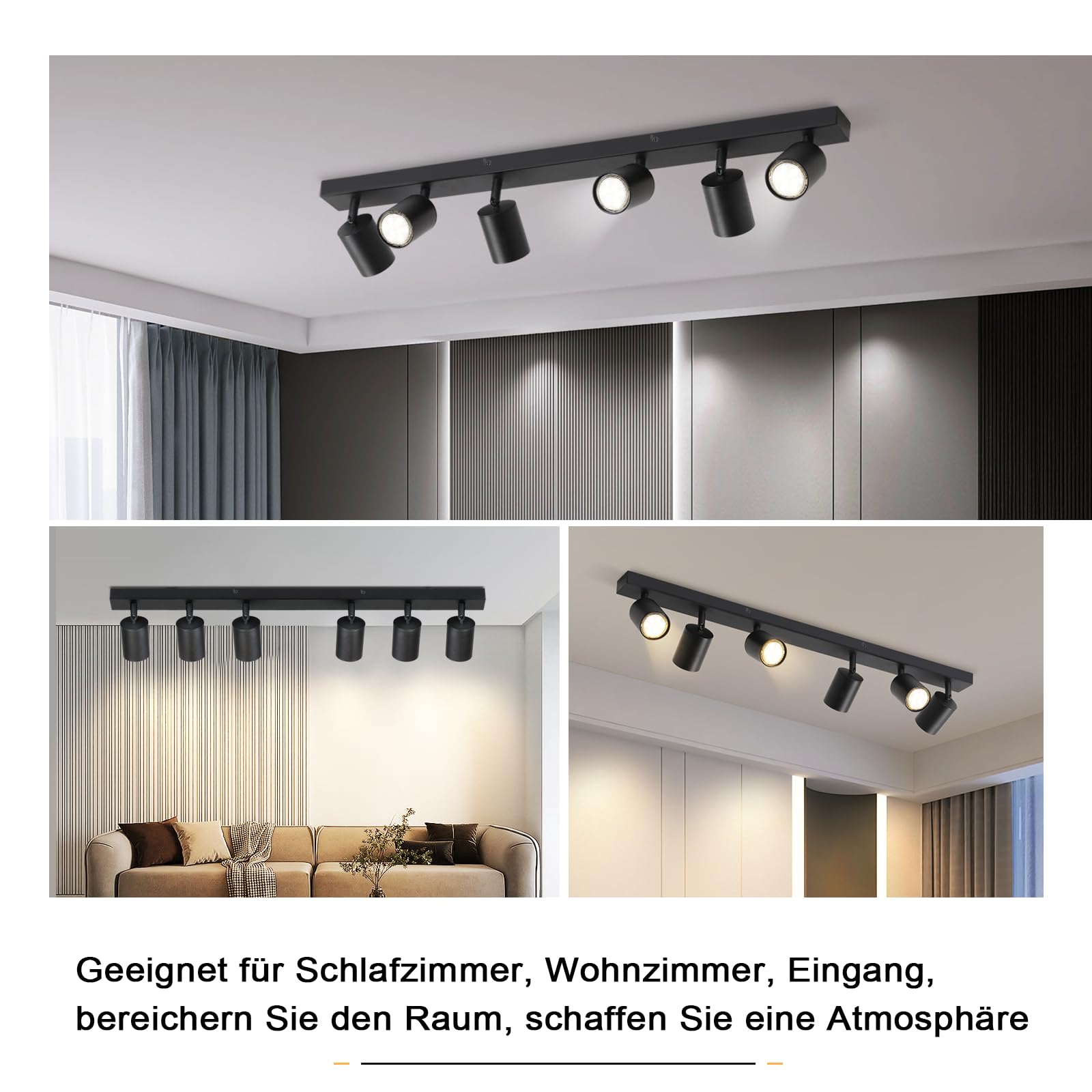 Glitzerlife reflektor sufitowy LED 6-płomieniowy - lampa sufitowa czarna GU10 obrotowy 350° długi nowoczesny reflektor sufitowy lampa kuchenna salon sypialnia korytarz MAX.25W bez żarówki