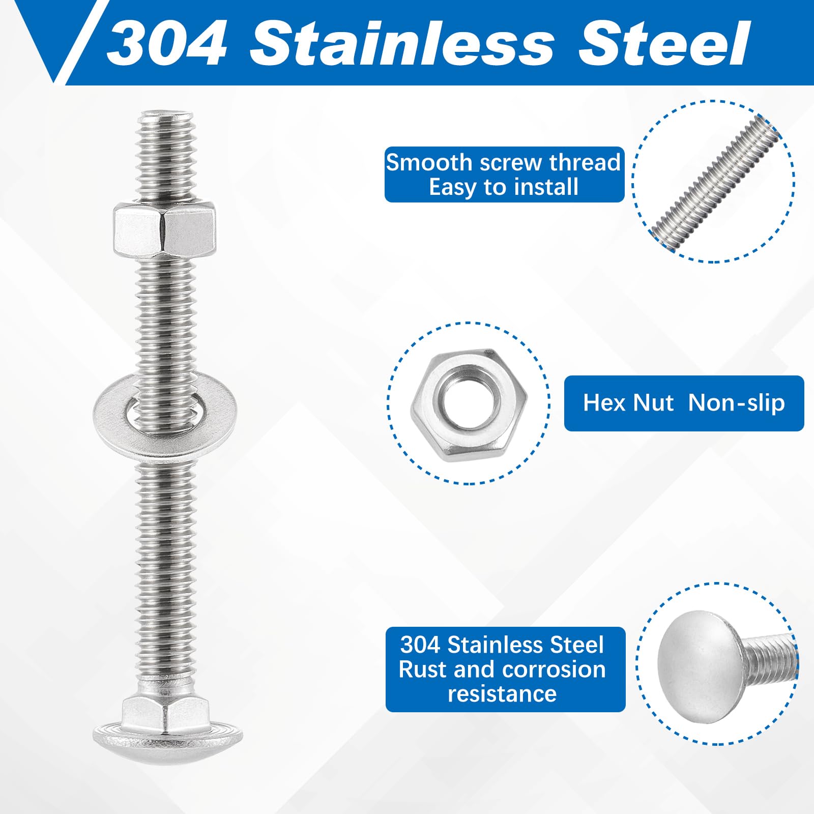 Zonon Stainless Steel Carriage Bolts and Nuts Kit Round Head Square Neck Carriage Bolts Screws and Hex Nuts and Flat Washers, Stainless 18-8 Full Thread Coverage (50 Sets,Silver,1/4-20 x 2-1/2")