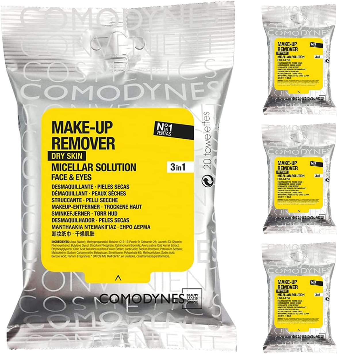 (4 Pack) COMODYNES Makeup Remover Wipes Dry Skin 120 Units - Skin-Friendly Active Ingredients And Natural Extracts With Nourishing Action