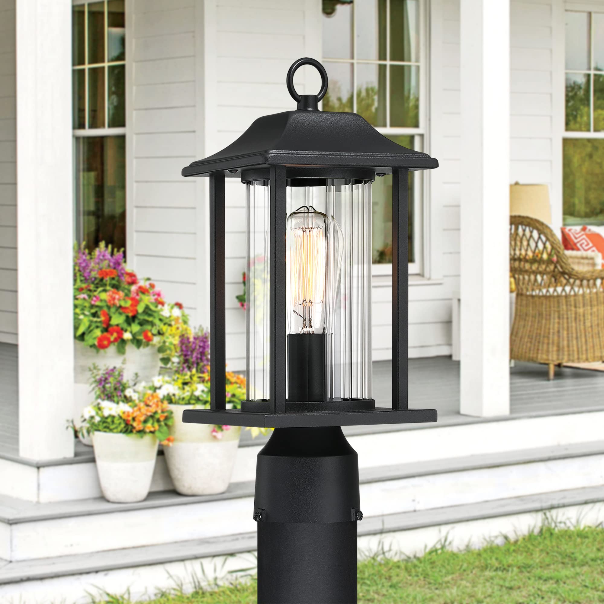 Outdoor Post Lights, Lamp Post Light Fixture,Waterproof Modern Exterior Pole Pillar Outdoor Lighting in Black Finish with Clear Ribbed Glass for Garden Yard Patio Pathway