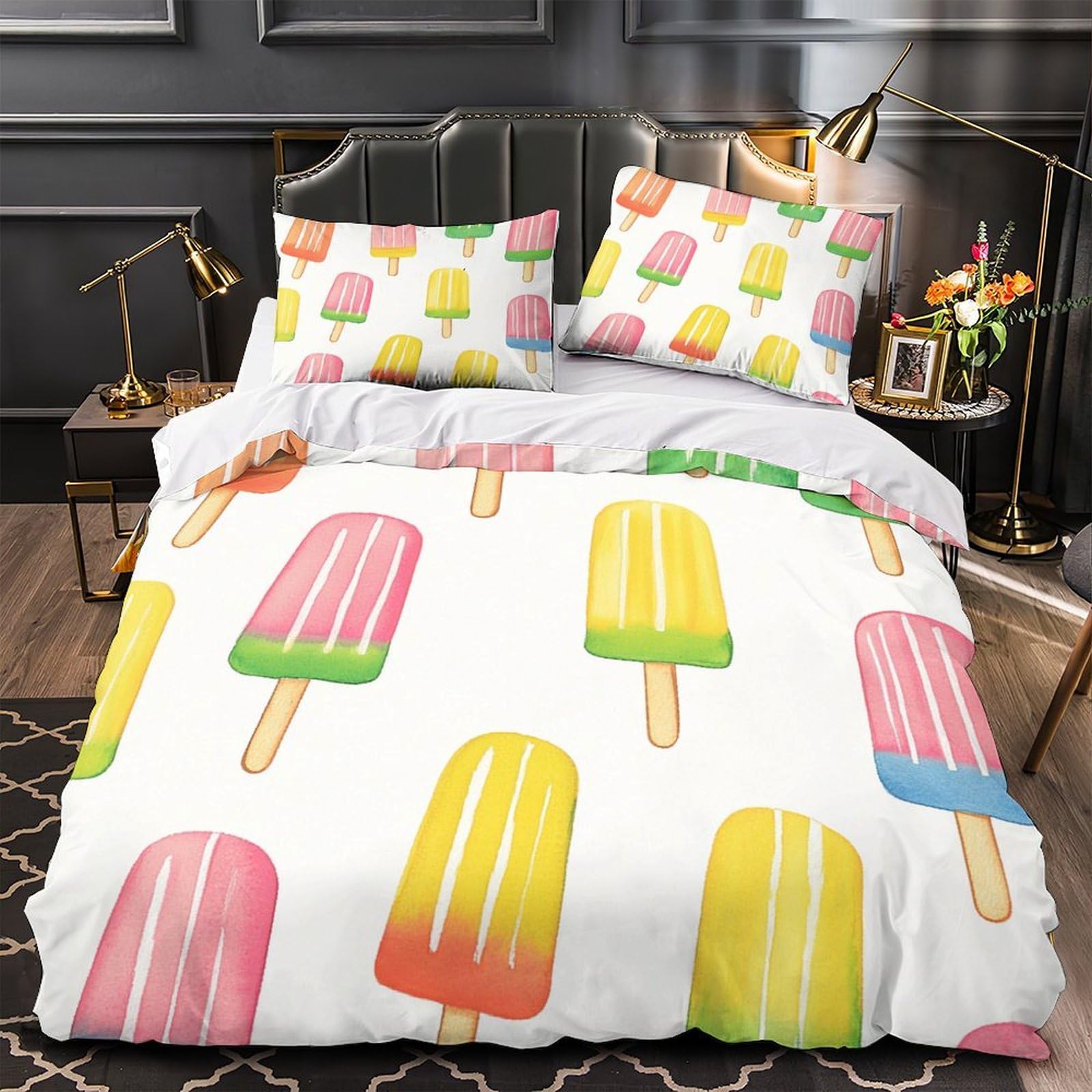 Drap de couette facile à laver pour grand lit motif glaces d'été parure 3 pièces sans repassage