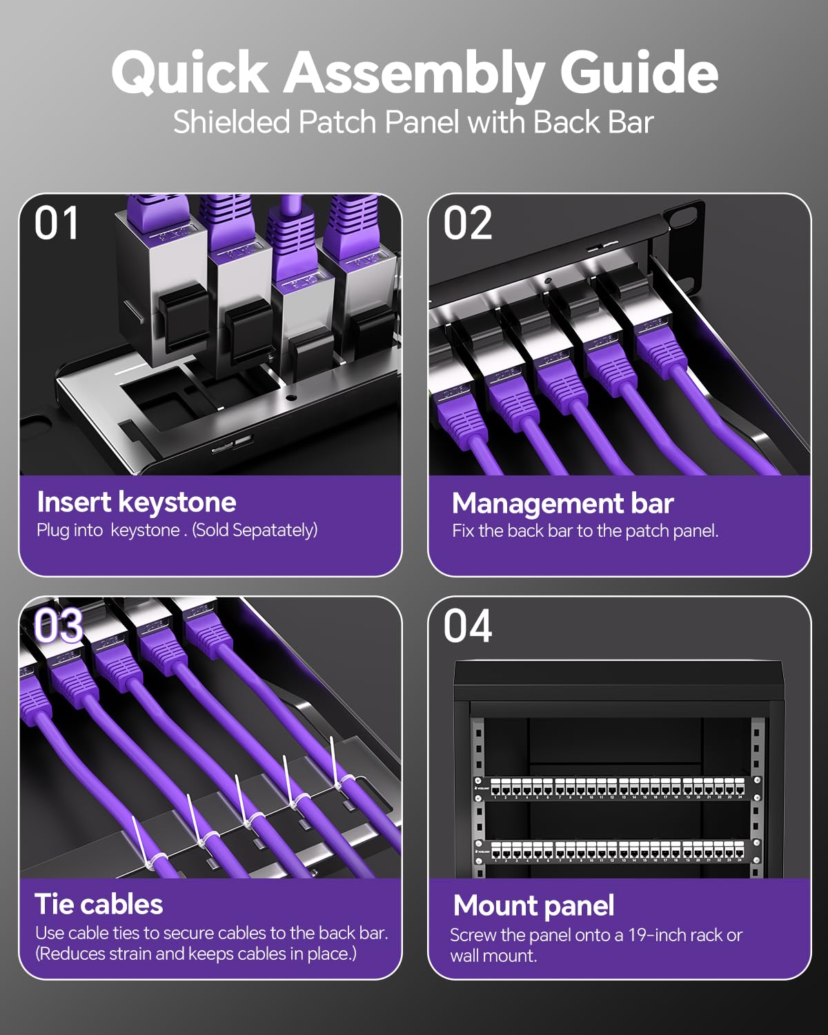VCELINK 24-Port All Metal Blank Keystone Shielded Patch Panel, 1U Rackmount Housing with Cable Management Bar and Ground Wire, Compatible with RJ45, HDMI, and Blank Keystone, 19 Inch