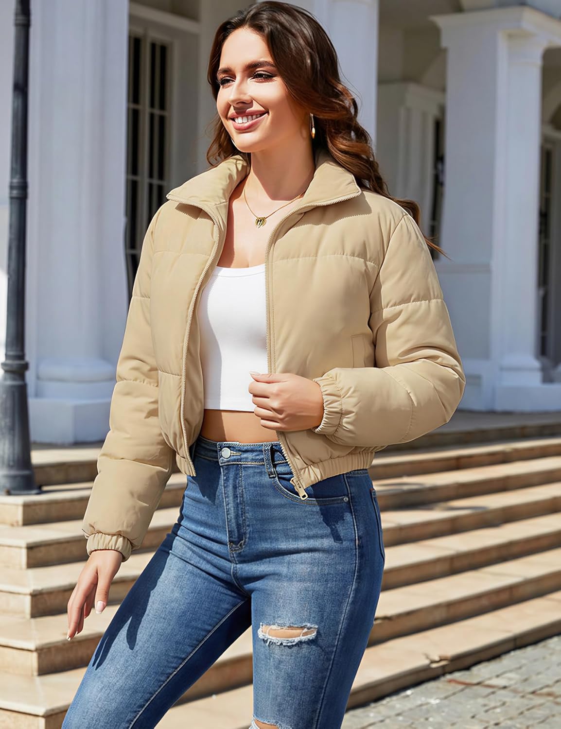 Gihuo Women's Cropped Puffer Jacket Zip Up Winter Short Quilted Jackets Bubble Coat - Image 2