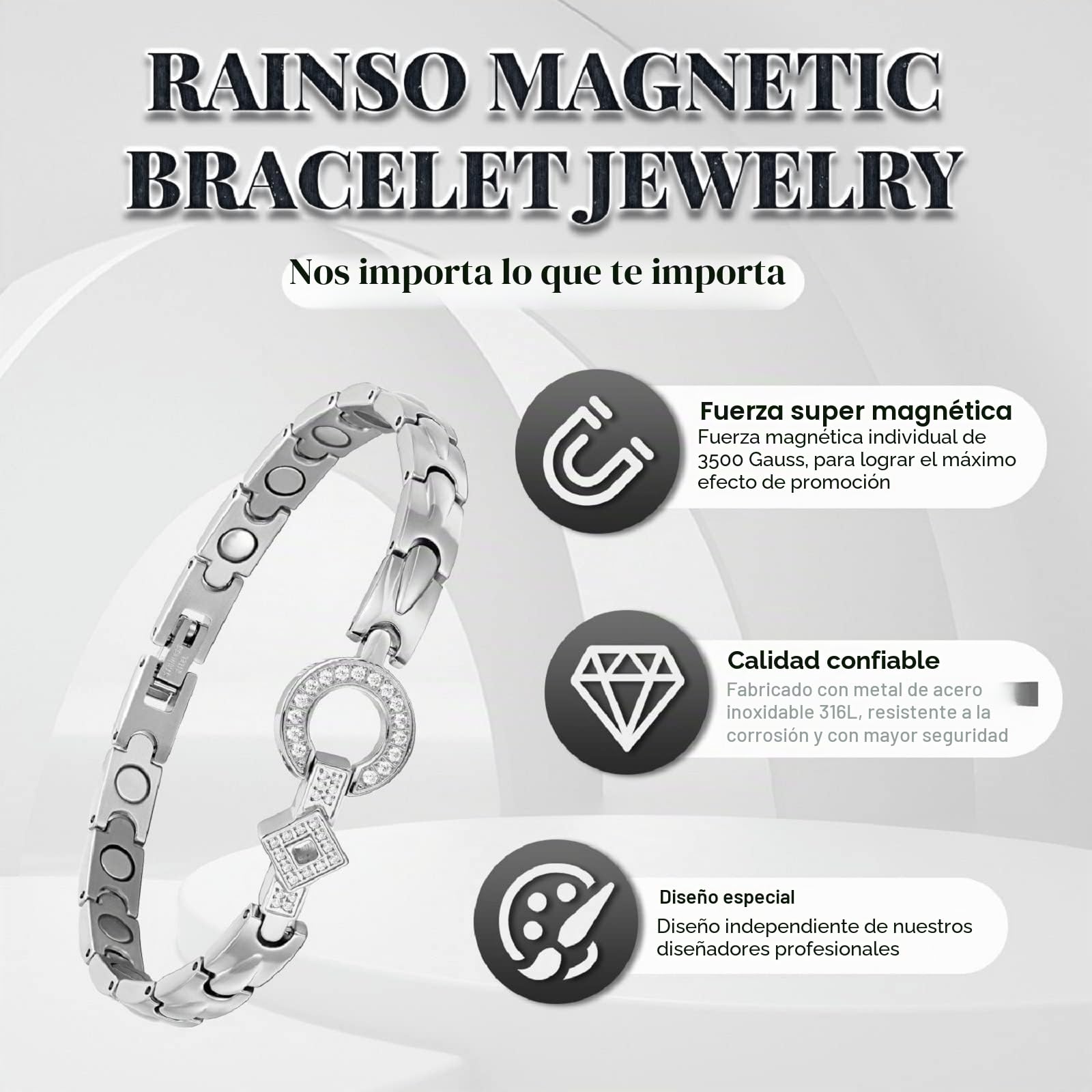 Pulsera Rainso para mujer, pulsera magnética de acero de titanio, pulsera magnética elegante para mujer, alivio del dolor de la artritis, en caja de regalo negra (plata)