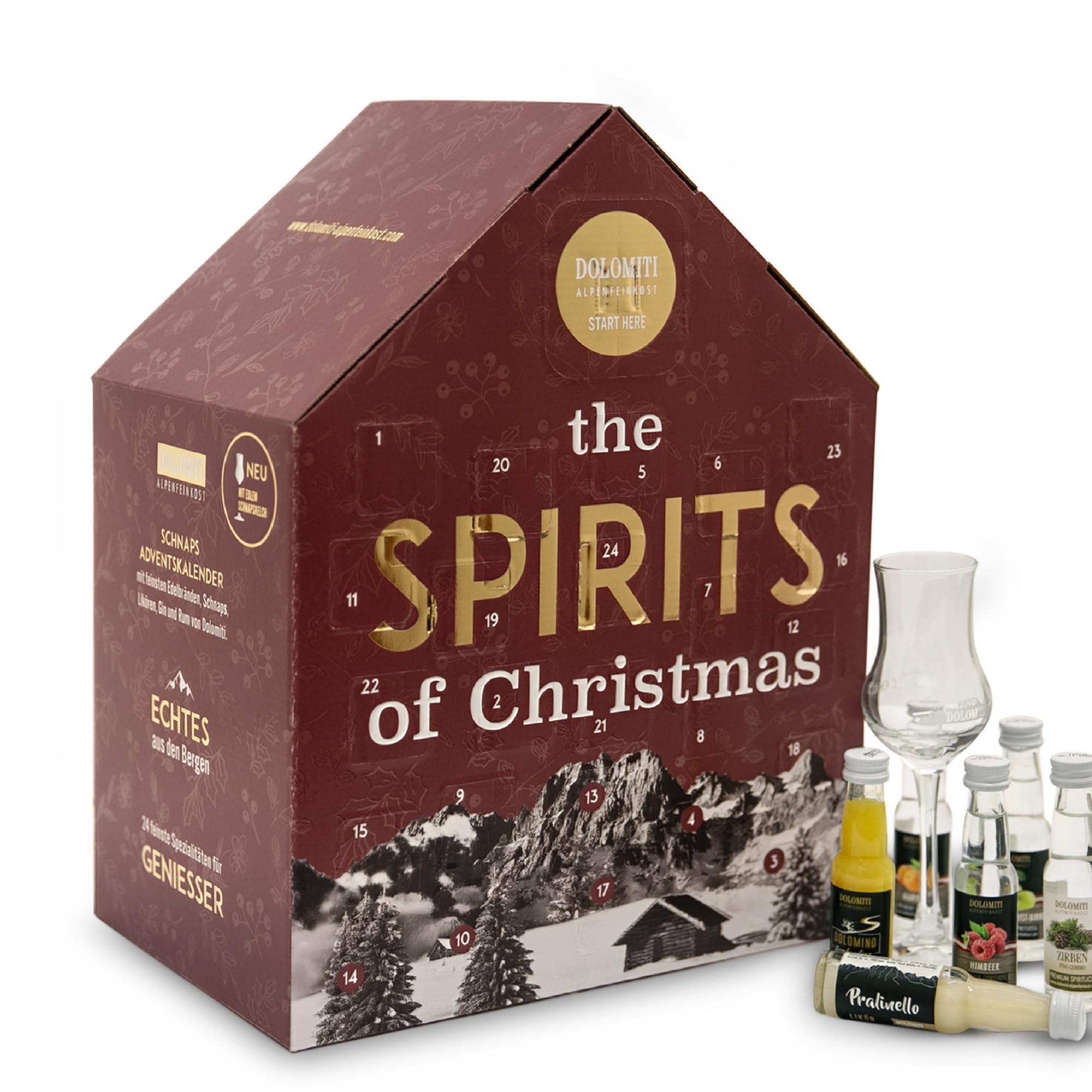 Schnaps- und Likör Adventskalender 2025 von Dolomiti - Geschenk-Idee für Genießer. Gin, Rum, Wodka und Wermut, Edelbrände, Schnäpse und Liköre. Schnaps Adventkalender in festlichem rot.