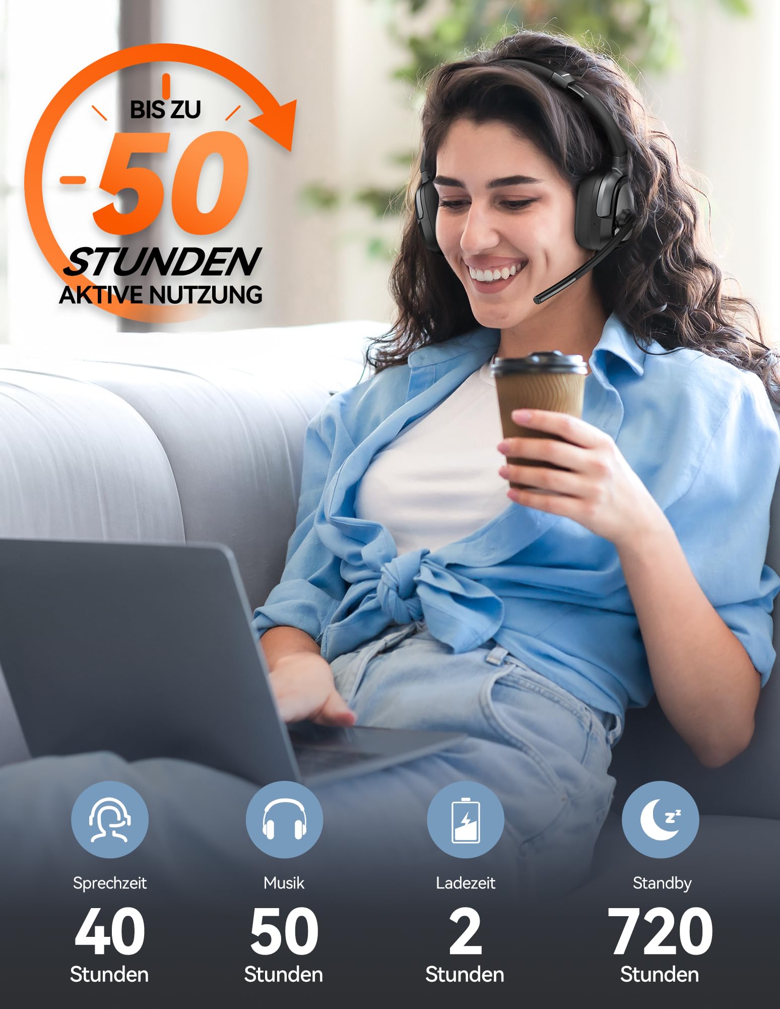 TECKNET Cuffie Bluetooth con Microfono, 50+ Ore Autonomia, Cancellazione Rumore, Doppia Modalità (Bluetooth/USB-A) Cuffie con microfono per PC, telefoni, lavoro a distanza e videoconferenze