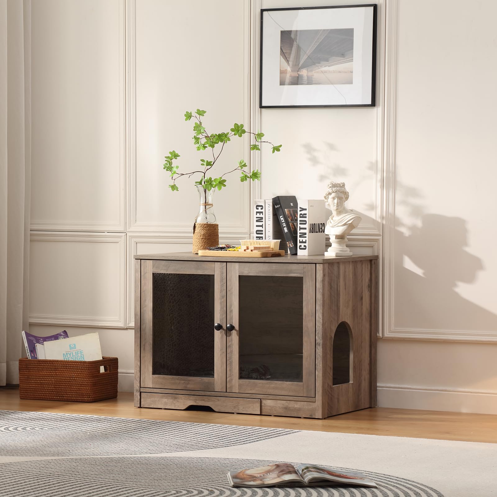 FOREST GRAVITY Cat Cabinet Litter Box Small Armadietto per gatti Lettiera Piccoli mobili per Lettiera Moderna 82 * 58.5 * 53 cm Casa per gatti con porta e divisorio separato Bianco Grigio