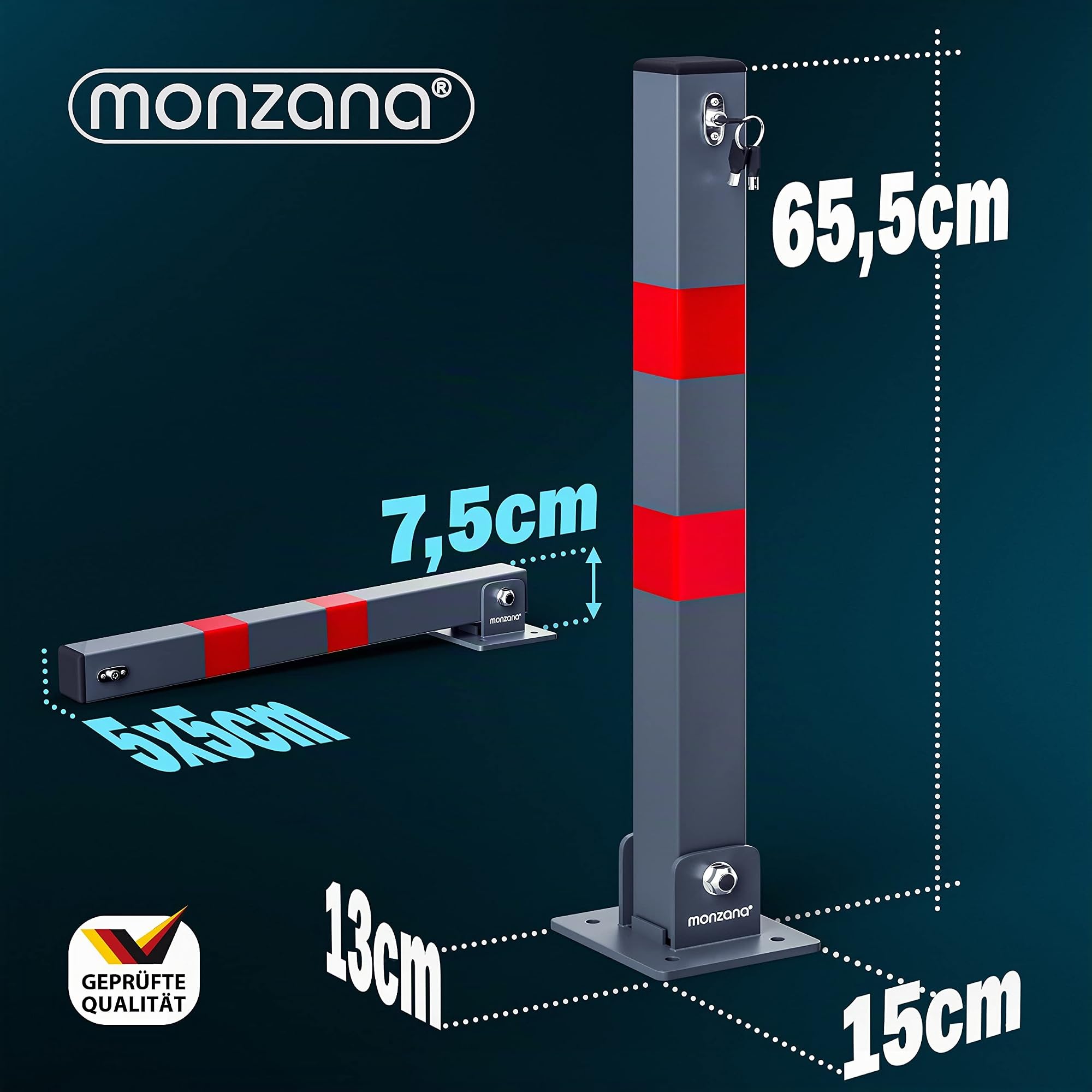 2x Poteau de stationnement barrière parking pliable 3 clés verrouillable acier accessoires bandes réfléchissantes borne