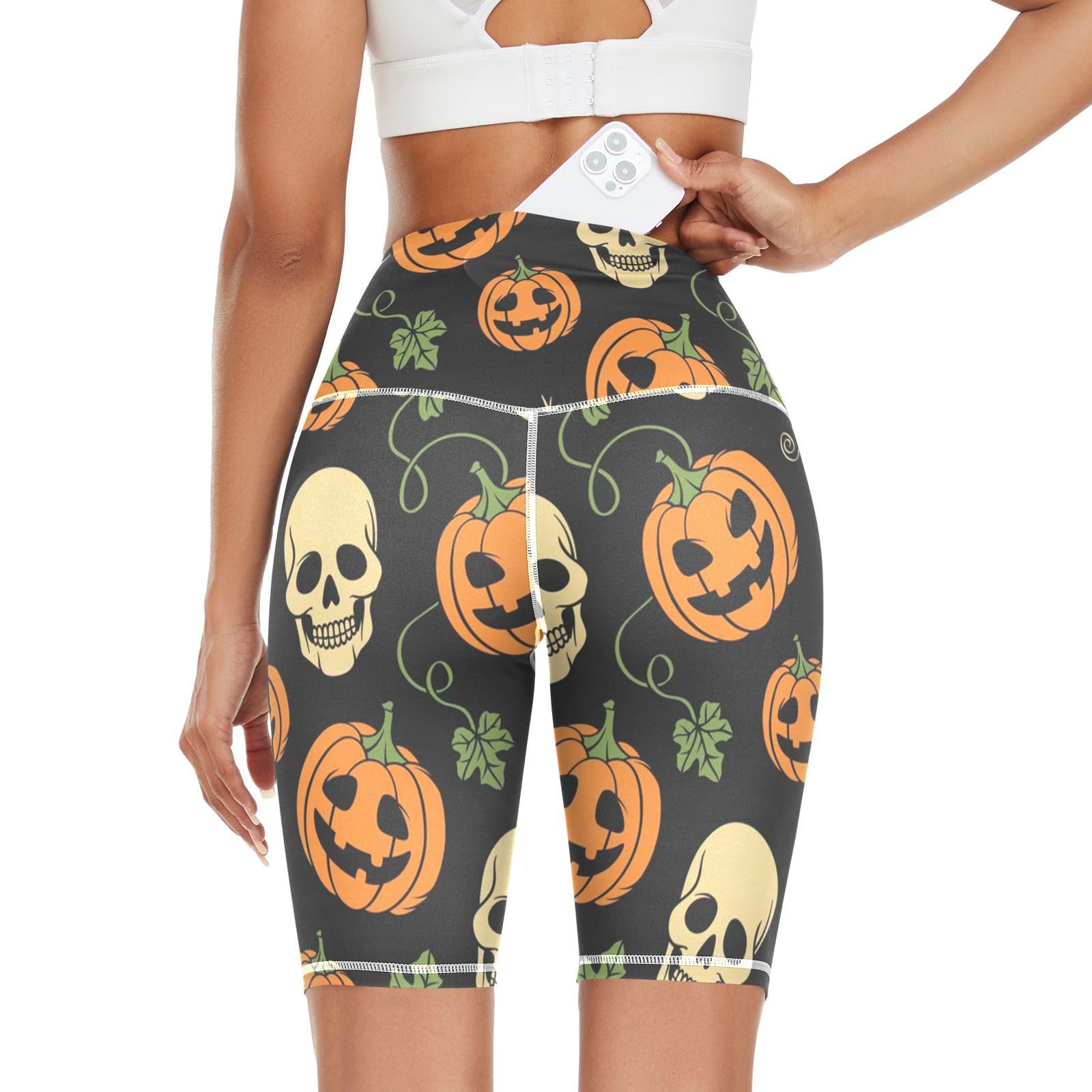 Linomo Women's High Waist Yoga Shorts, Halloween Sugar Skull Pumpkin Workout Running Shorts Gym Cycling Shorts Yoga Leggings for Women Girls Multicoloured