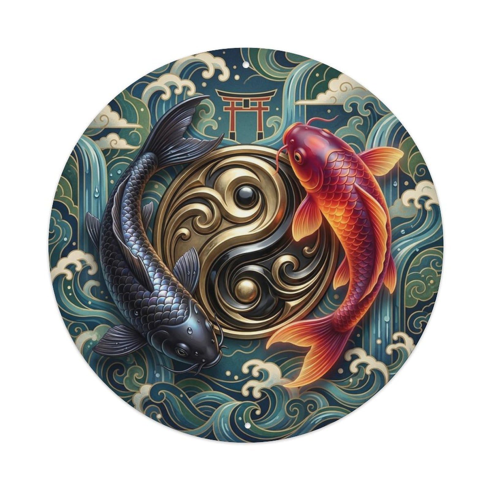Olyhtr 8X8inch Classic Style Tai Chi Koi Fortune Success Balance Classic Metal Tin Sign