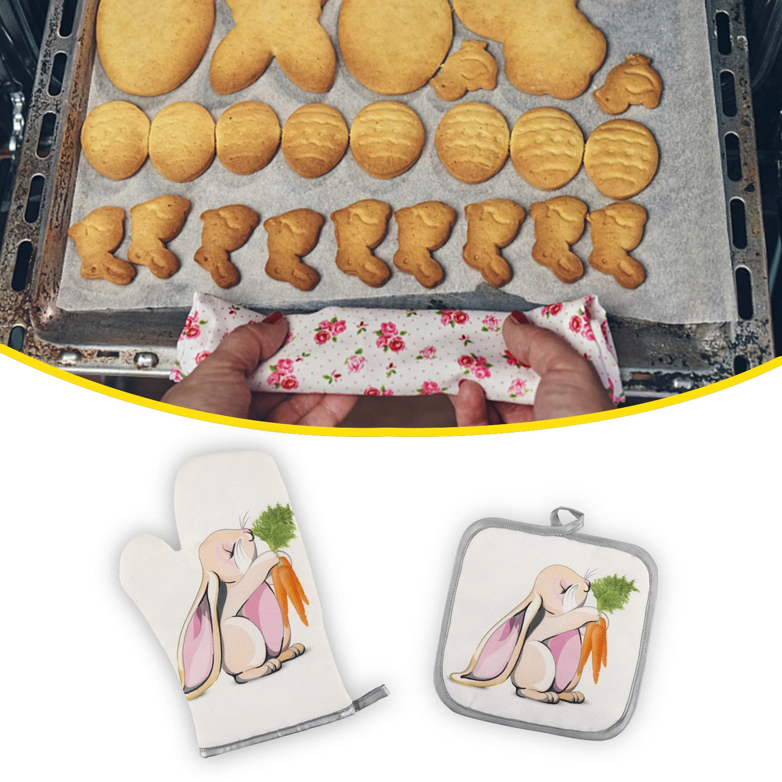 Küchen-Set: Ofenhandschuh & Topflappen Mit Hasen-Druck – Hitzebeständig Bis 250°C, Baumwolle, Für Backen, Grillen & Als Ostergeschenk