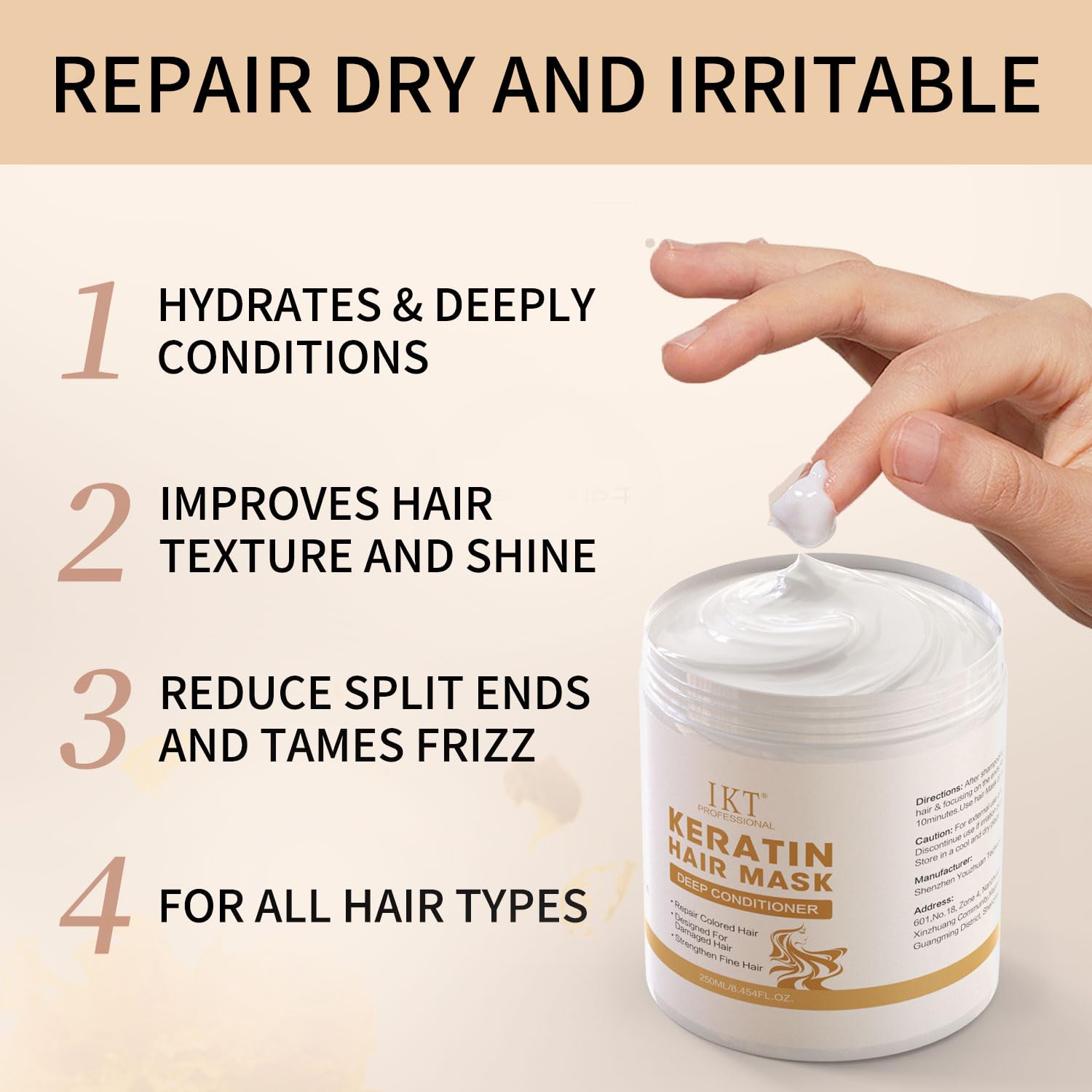 IKT Hair Mask Keratin 250ml, Hydrates & deeply conditionseImproves hoir texture ond shine, Reduce split ends and tames frizz - Image 2