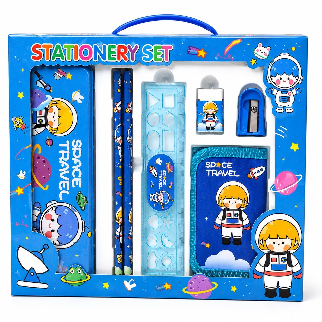 Space Travel Stationery Set for Boys, Kids School Supplies Gift Box with 2 Pencils, Coin Purse, Ruler, Eraser & Sharpener Space Travel Birthday Gifts for Children (Blue)