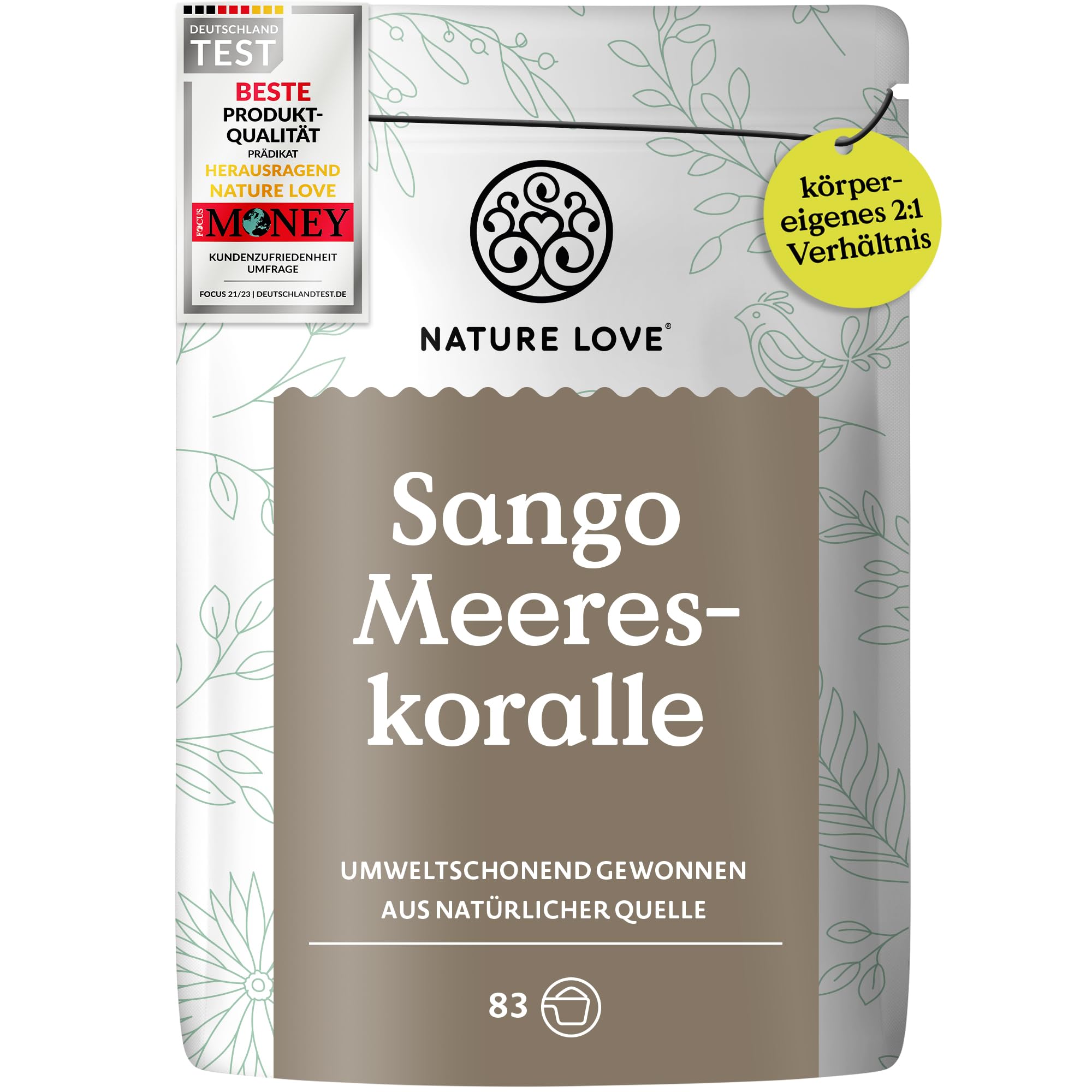 NATURE LOVE® Sango Meereskoralle – 250g Pulver – Natürliche Quelle für Calcium (20%) und Magnesium (10%) im körpereigenen Verhältnis von 2:1 – Hochdosiert und in Deutschland produziert