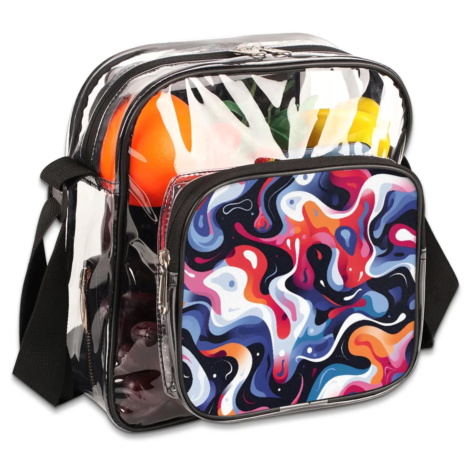 Clear Crossbody Bag Stadium Approved Fluid Geometrical Transparent Bag for Festivals, Sports Events, Concerts,Beach Bag for Women Men Clear Purse with Front Pocket Messenger Bag with Adjustable Strap