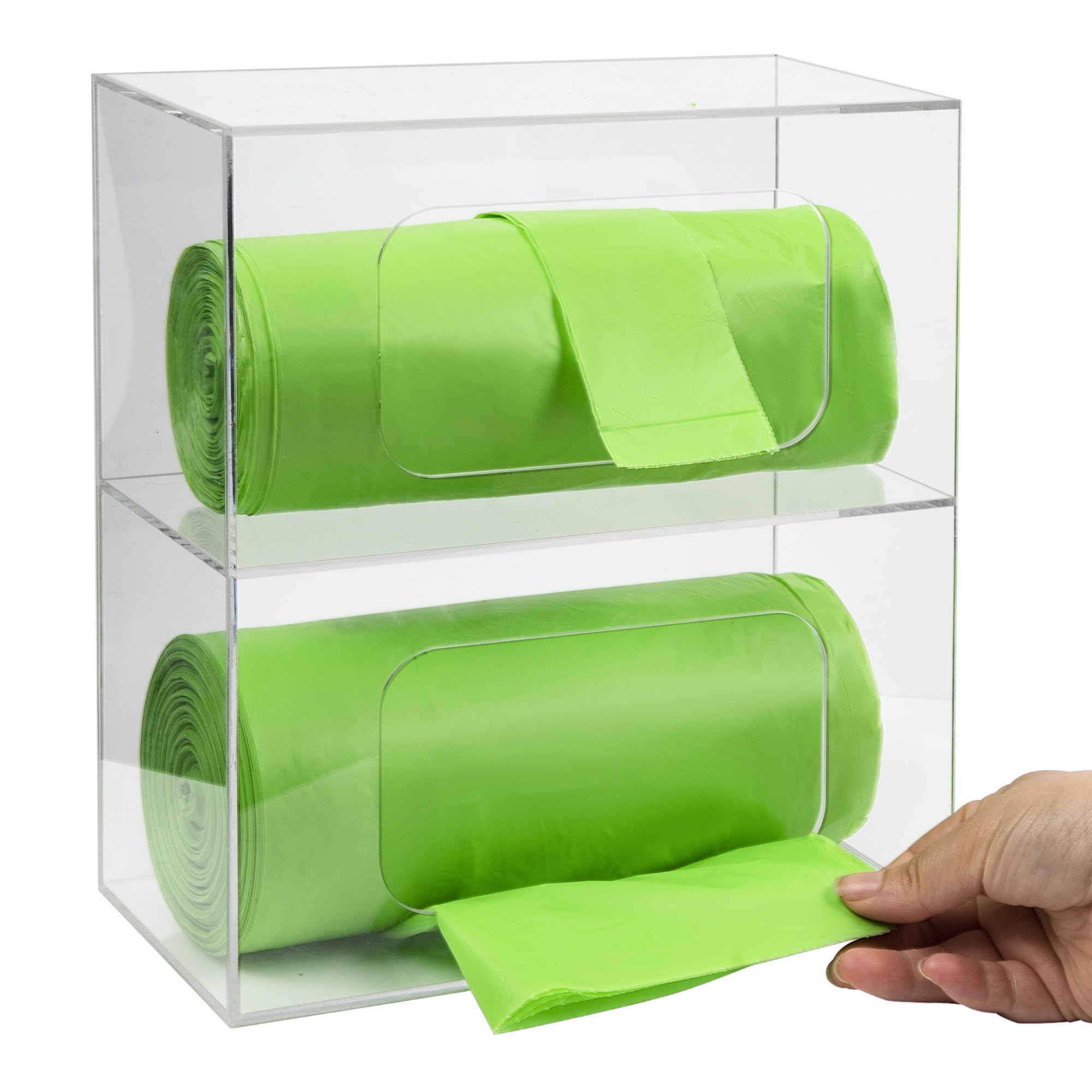 Dispensador de bolsas de basura, organizador de bolsas de basura acrílicas 2 en 1, soporte de bolsa de comestibles montado en la pared para almacenamiento de cocina, bolsas de basura de plástico, caja