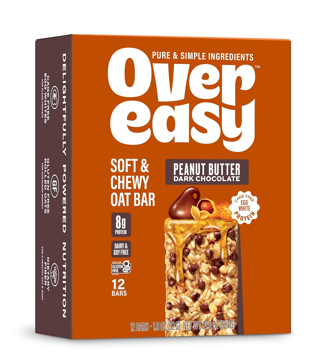 Over Easy Peanut Butter Dark Chocolate Soft and Chewy Oatmeal Breakfast Bars - Granola and Protein Bars - 12 Energy Snack Bars - Clean, Gluten Free, Dairy Free, Soy Free and Kosher