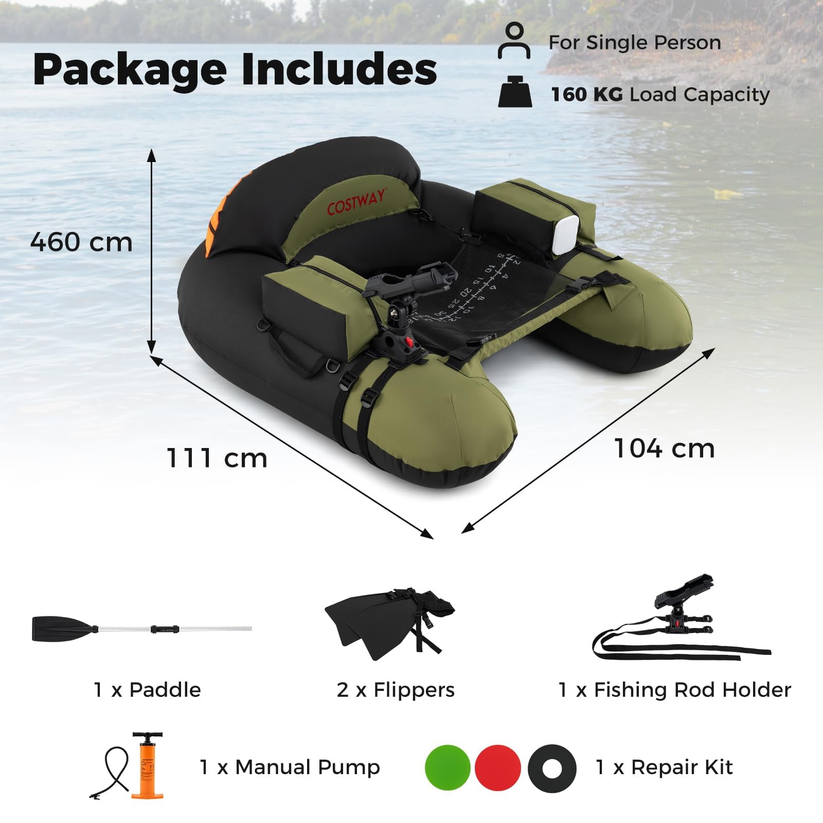 FANTASK Barca da pesca con pompa, pagaia in alluminio e pinne, supporto regolabile per canne da pesca, stantuffo, barche Belly per adulti, verde
