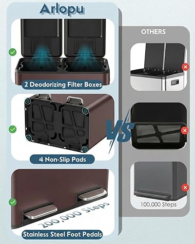 Miniatura 6 de Arlopu Cubo de basura doble de 16 galones con 2 cajas integradas para control de olores, cubo de basura de cocina manos libres, cubo de basura de