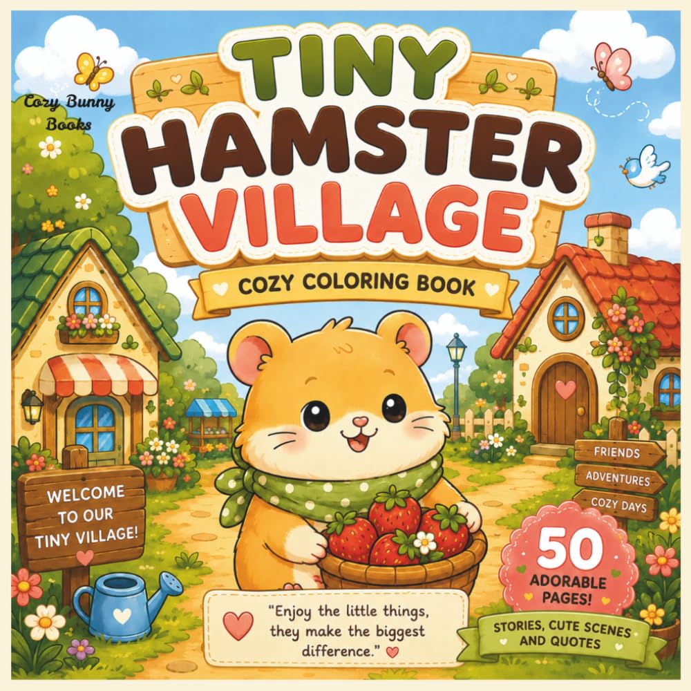Tiny Hamster Village: A Cozy Coloring Book with 50 Adorable Hamster Adventures, Tiny Stories, and Heartwarming Quotes for Kids and Animal Lovers