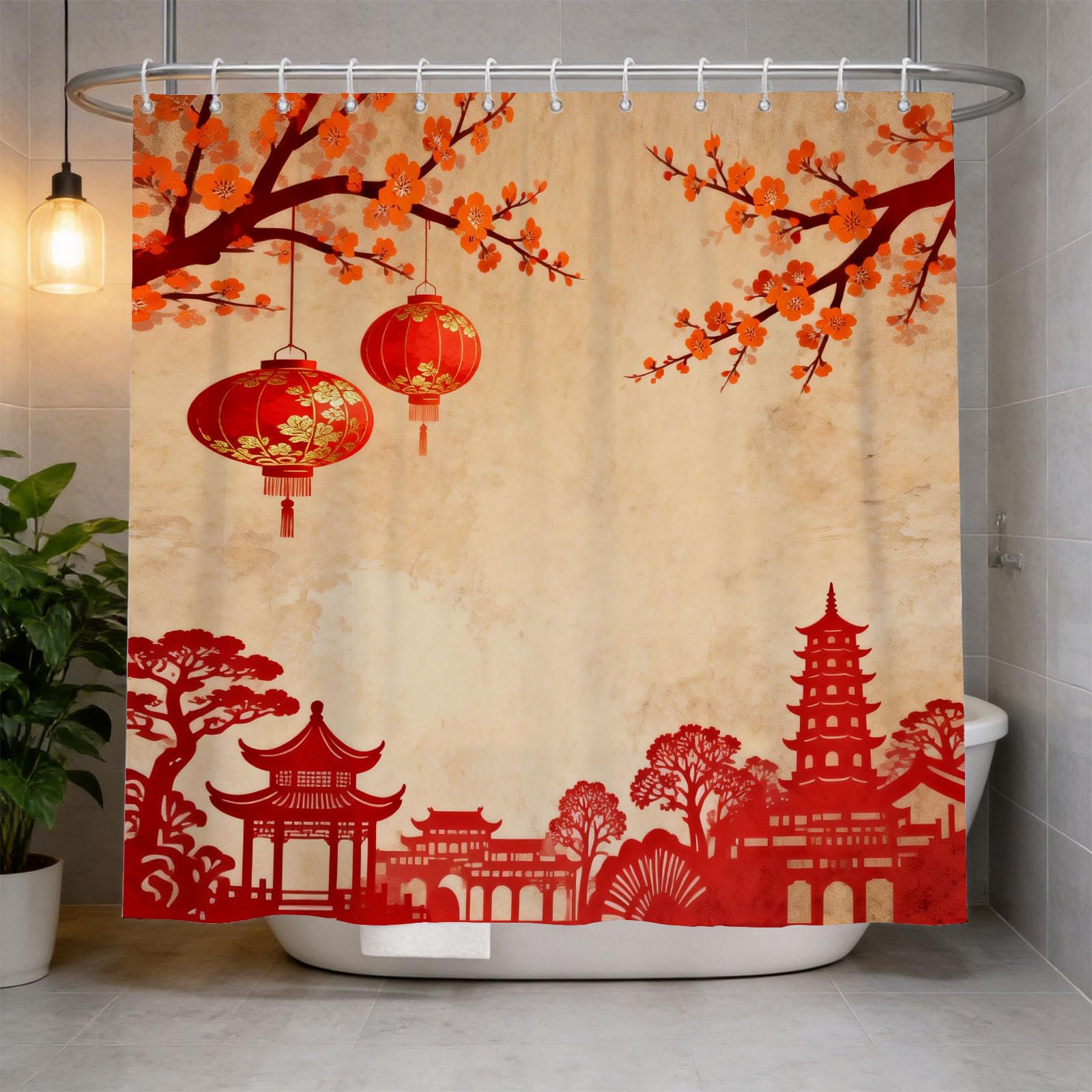 Hongduo White 3D Chinese Style Shower Curtain For Stalls Bathtubs Oriental Aesthetics Bathroom Decor Shower Curtain Set Polyester Fabric Waterproof 180X180cm/71X71 Inch With Hooks