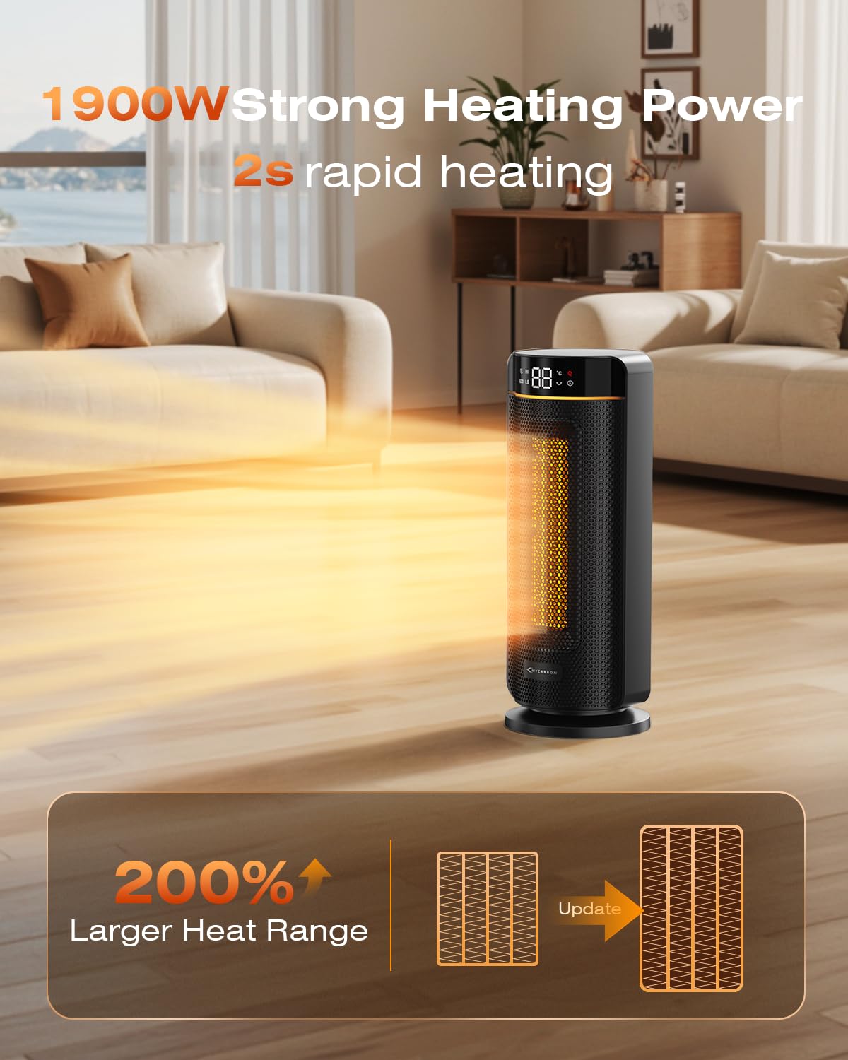 MYCARBON Stufa Elettrica da Bagno Basso Consumo LED Display con TEMP Regolabile 5℃-35℃ 4 Modalità ECO Timer 12h Oscillazione 70° Stufetta 1900w Termoventilatore Spegnimento Automatico con Telecomando