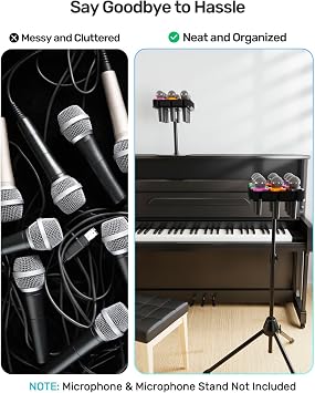 Multi Microphone Holder for Mic Stand Square Tray Microphone Storage Organizer for Handheld Dynamic Wired and Wireless Mics Rubber Padding Mounted to 5/8-27 or 3/8-16 Threaded