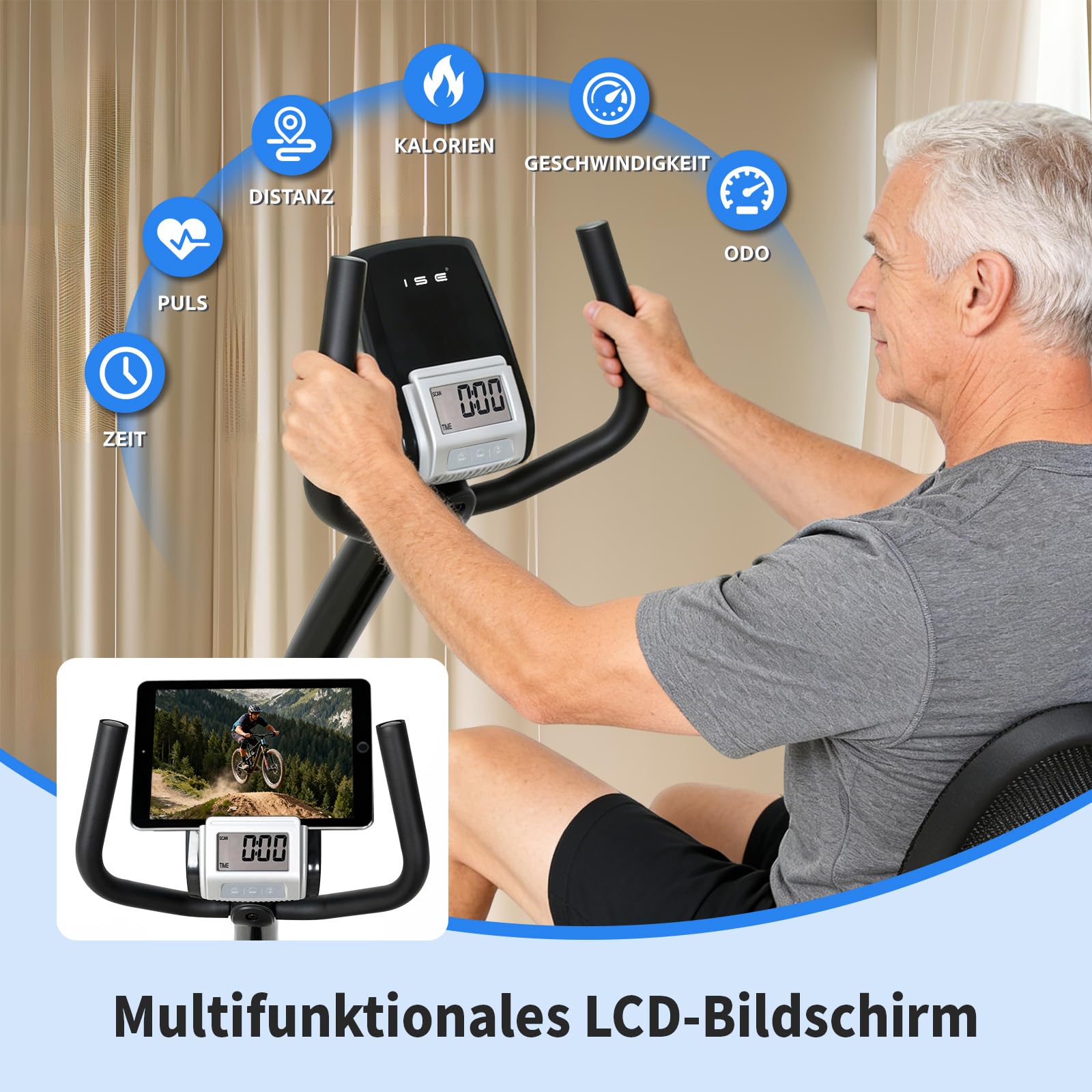 ISE Liegeergometer mit Magnetbremse, Liege Ergometer mit 8 Stufen Magnetischer Widerstand, Pulssensoren/LCD-Display, Liegeergometer Senioren Liegerad Heimtrainer mit Rückenlehne für Zuhause SY-6825